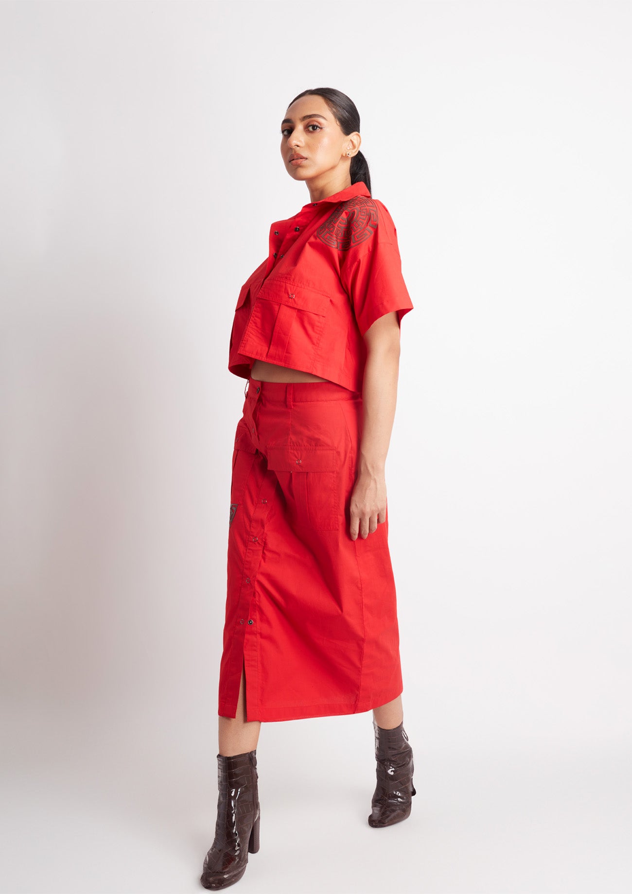 Red Cotton Co-ord Set with Applique