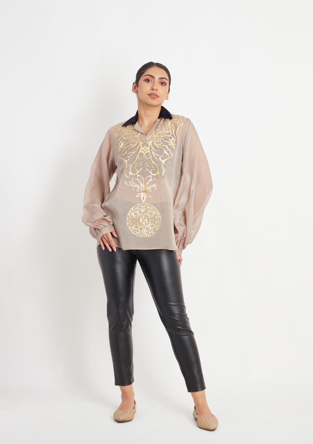 Light Grey Open Collar Shirt with Golden Applique and Velvet Collar