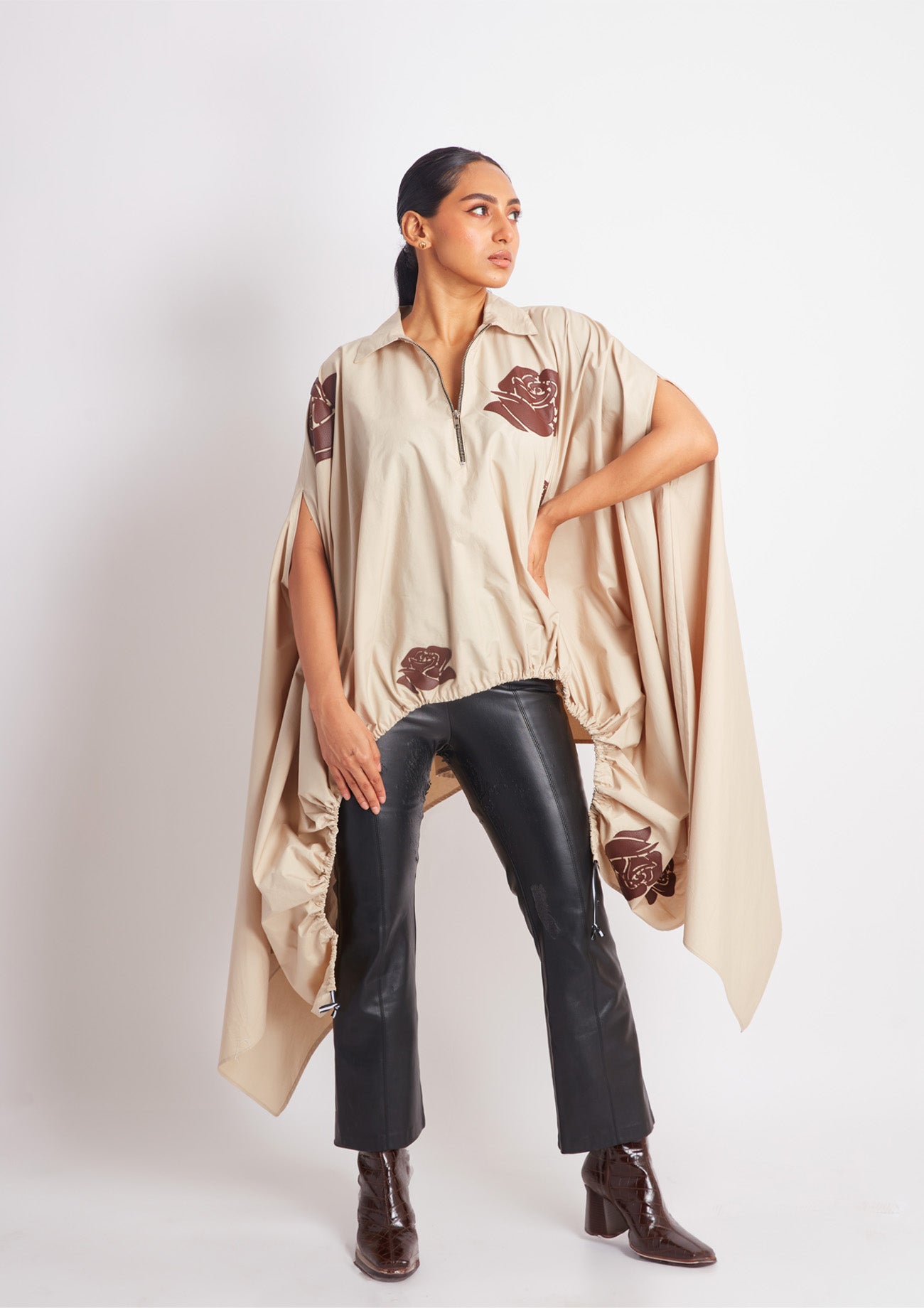 Beige Drawstring Cape with Applique Motifs