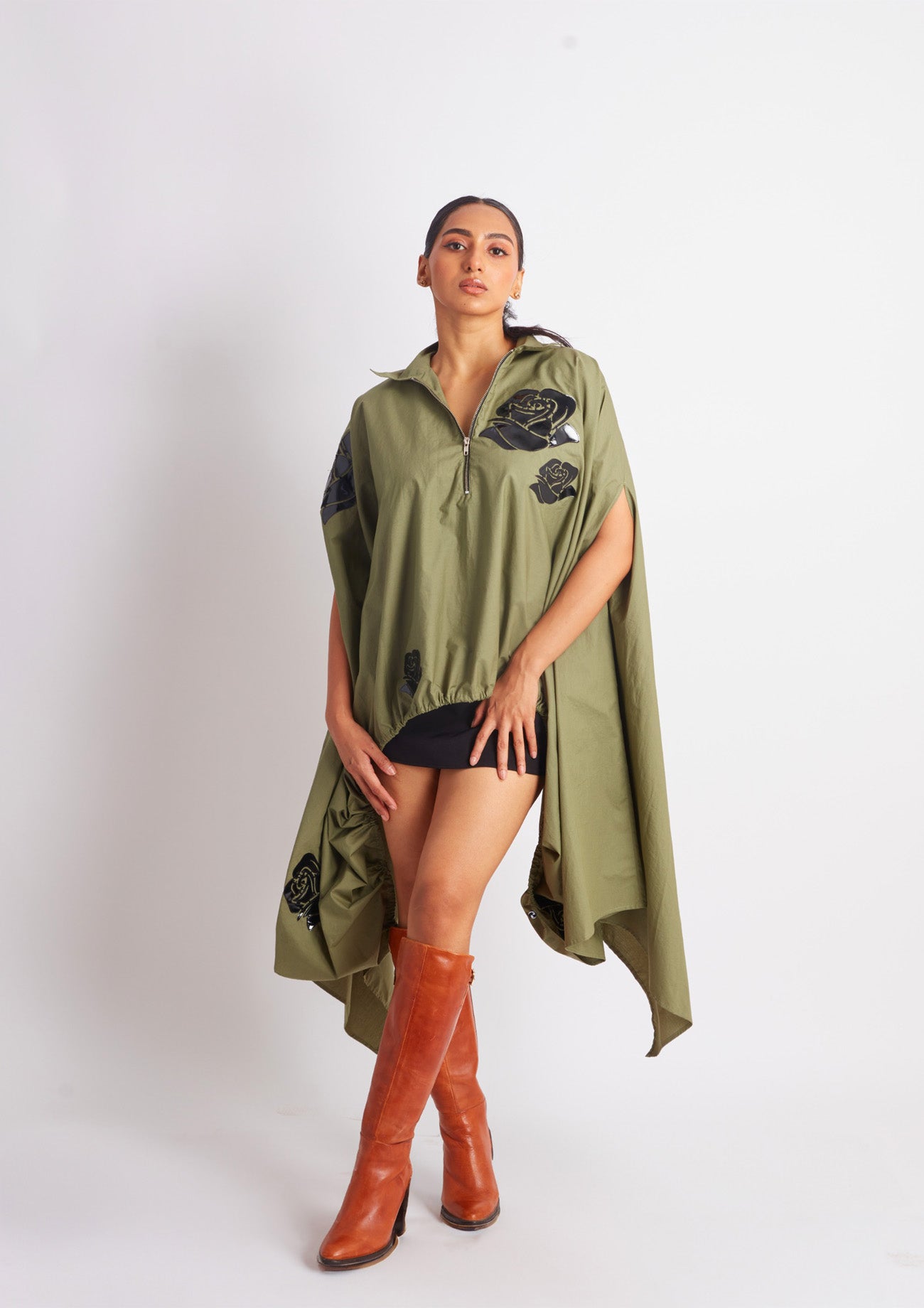 Olive Drawstring Cape with Applique Motifs