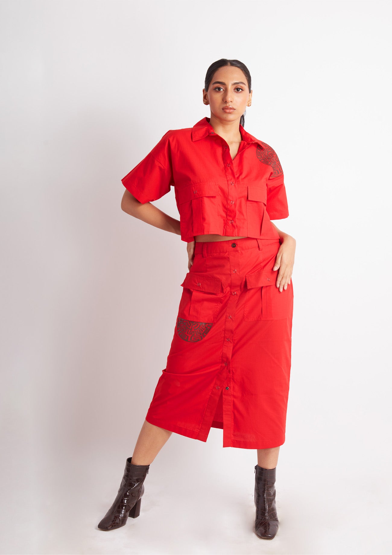 Red Cotton Co-ord Set with Applique