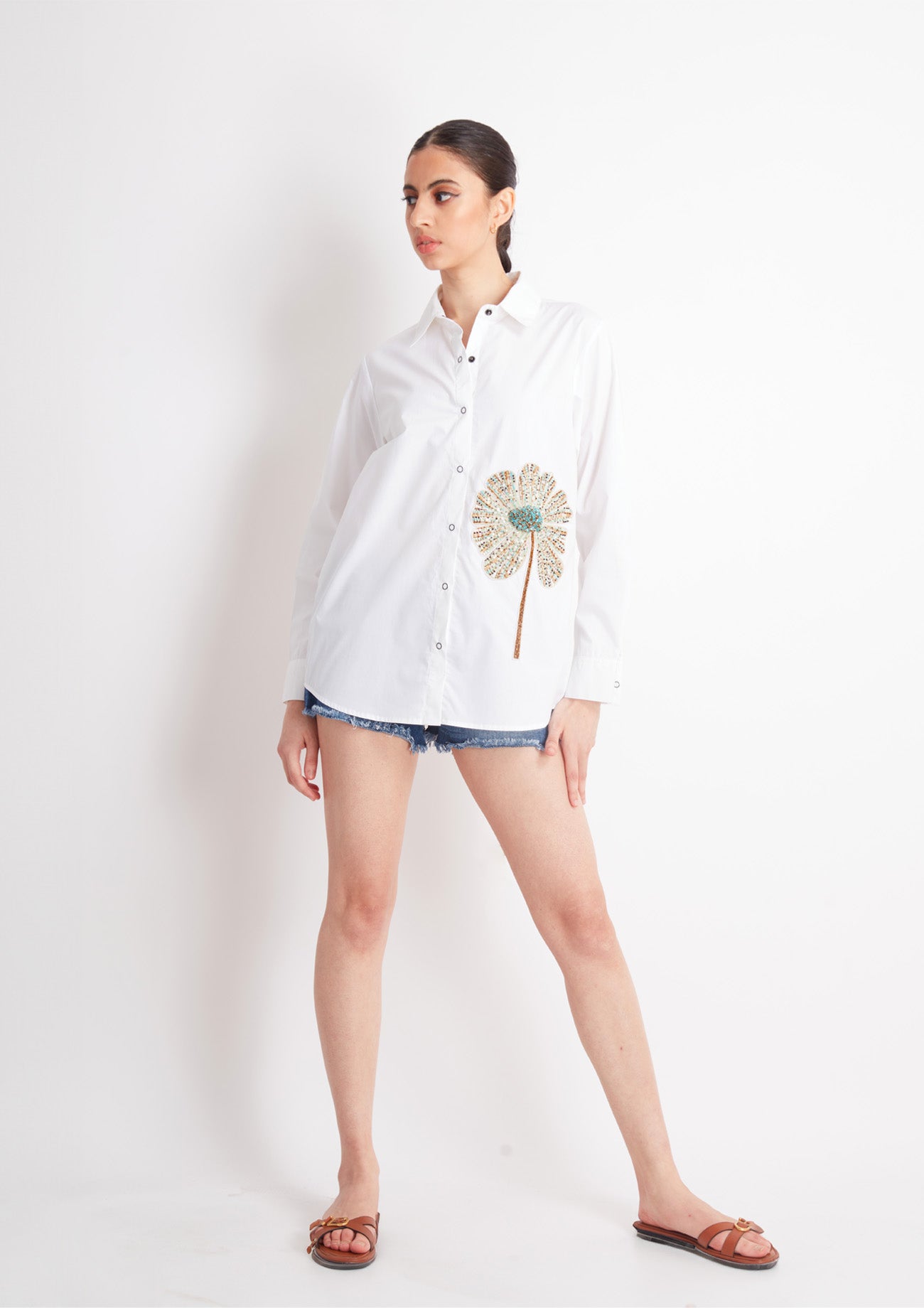 White Comfort Fit Cotton Shirt with Embroidery