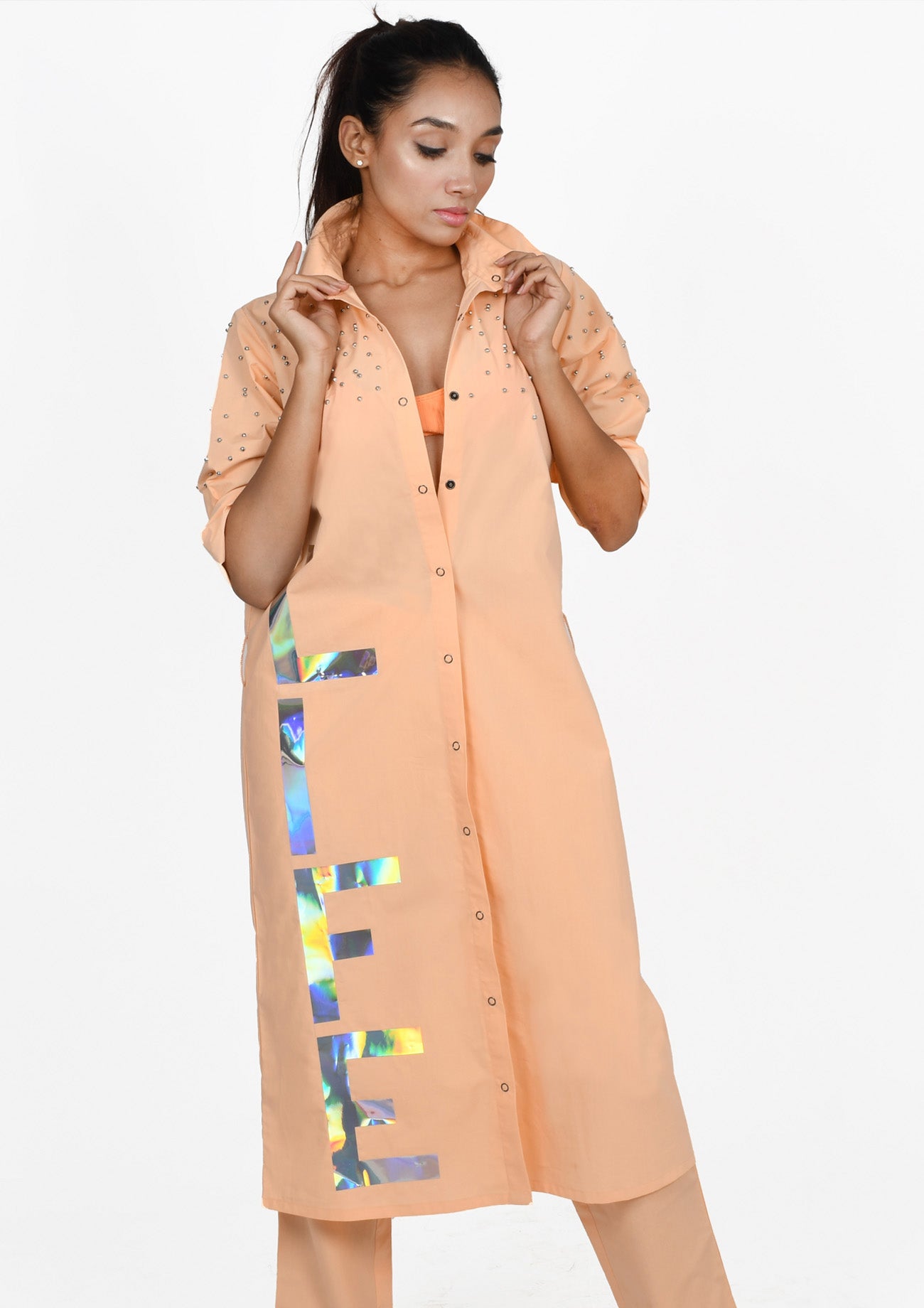 Peach Long trench Shirt with Holographic Print and Pants