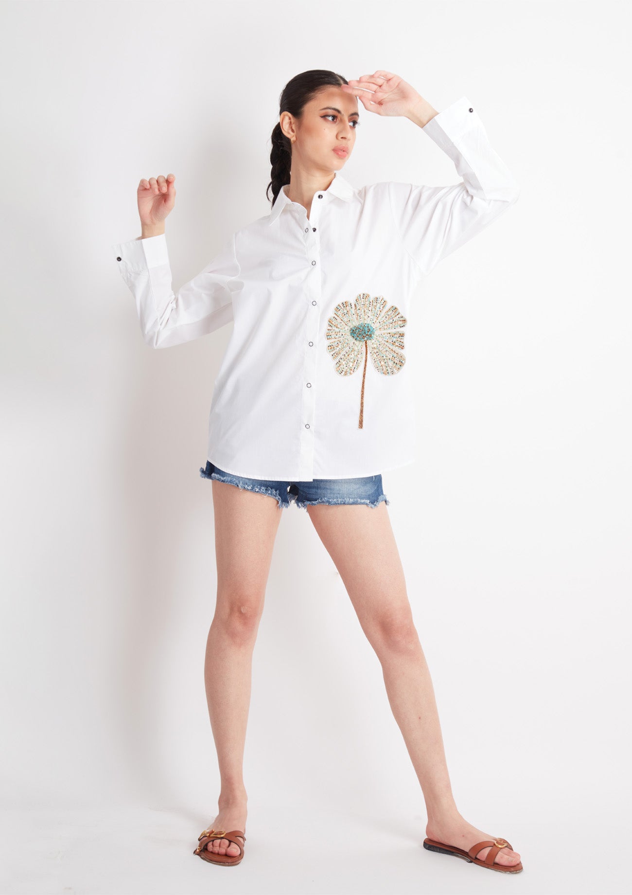 White Comfort Fit Cotton Shirt with Embroidery