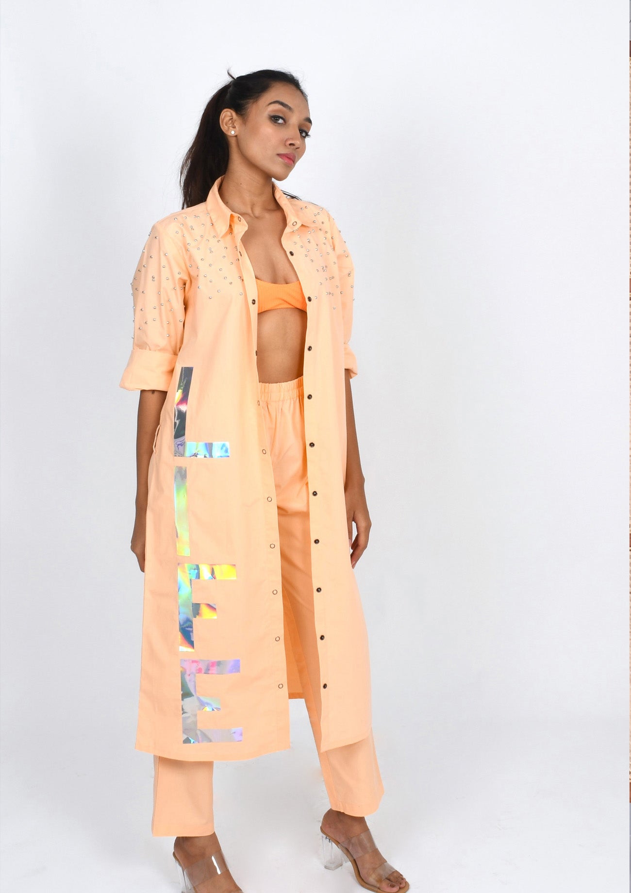 Peach Long trench Shirt with Holographic Print and Pants