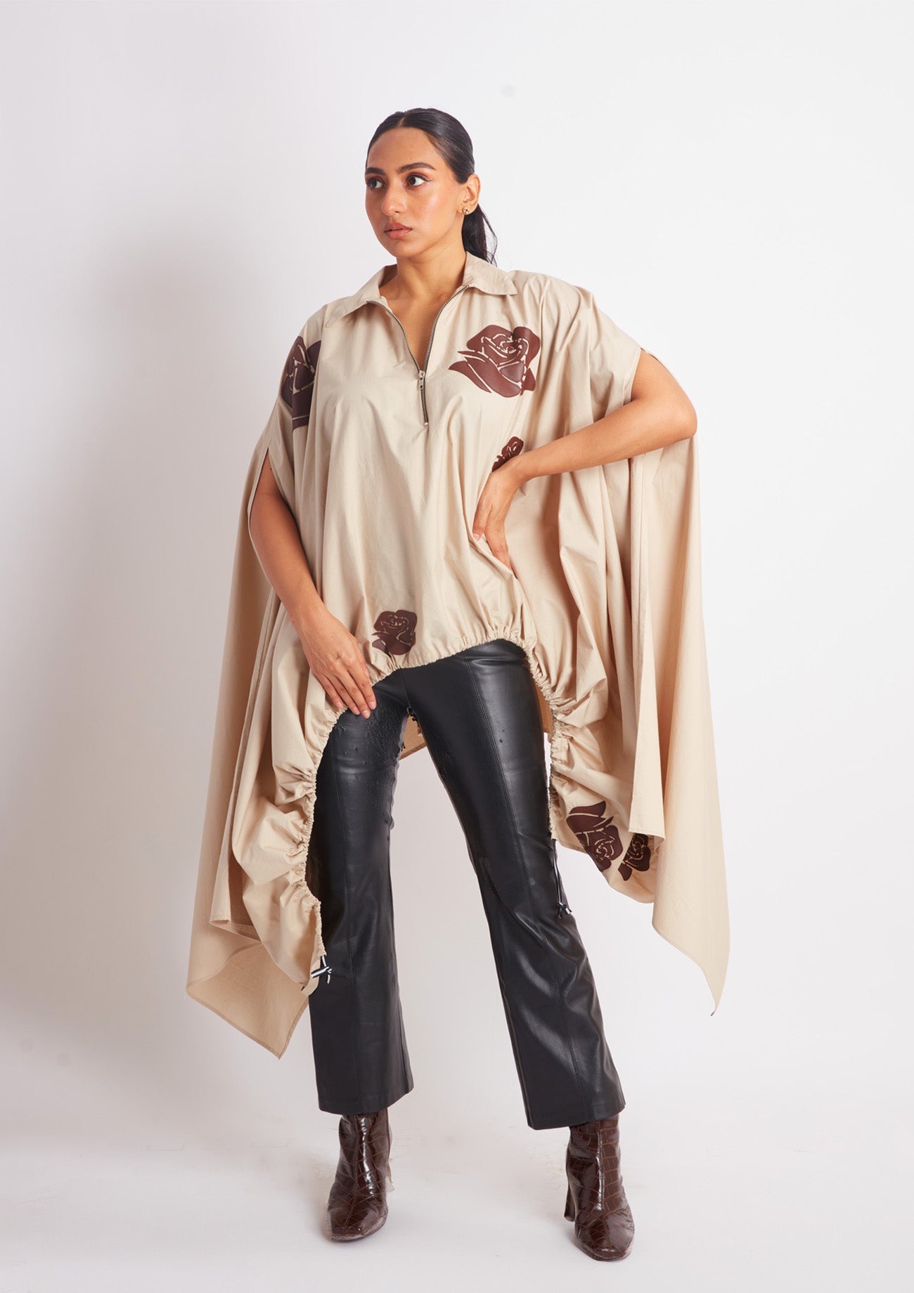 Beige Drawstring Cape with Applique Motifs