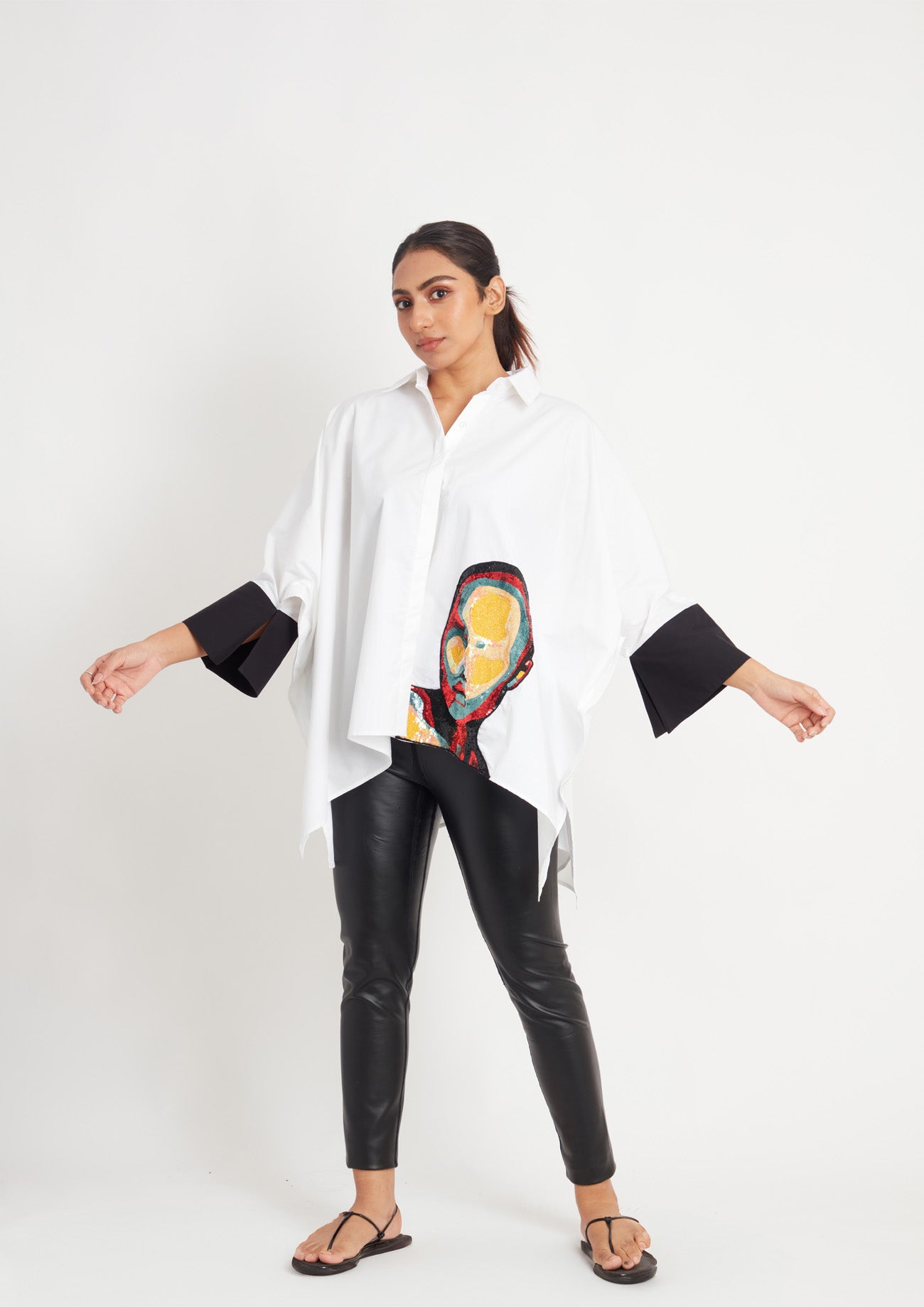 White Loose Fit Cotton Poncho Shirt