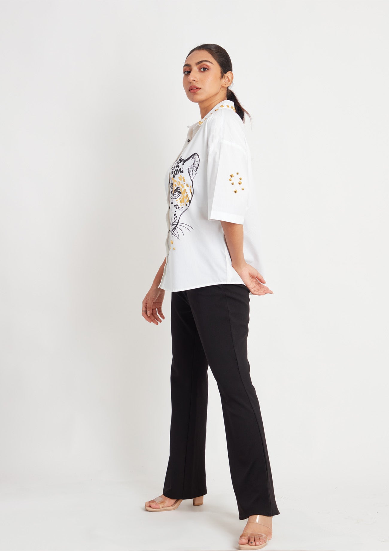 White Comfort Fit Cotton Shirt with Foil Print and Studs