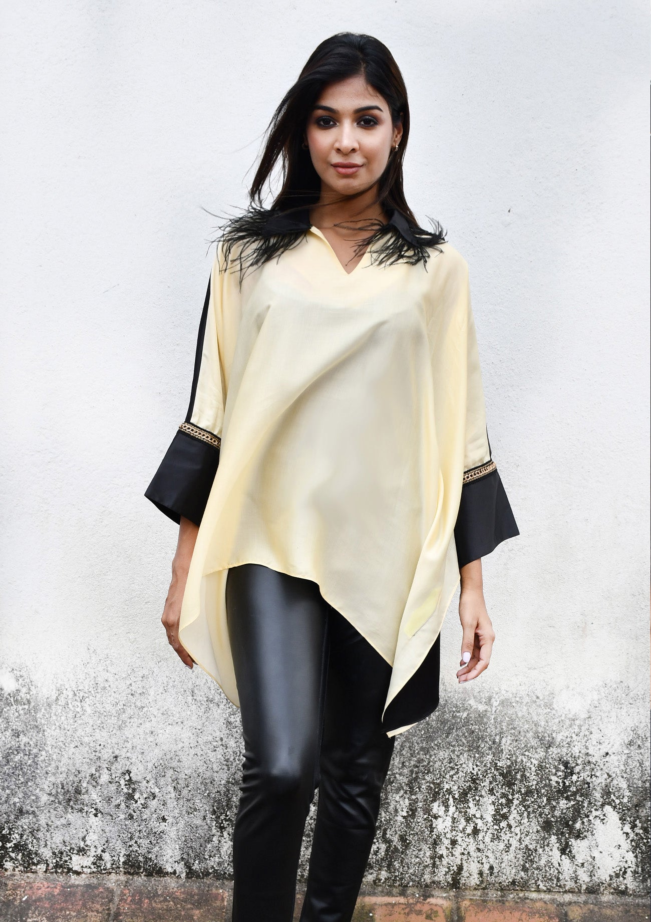 Cream and Black Poncho with Feathers