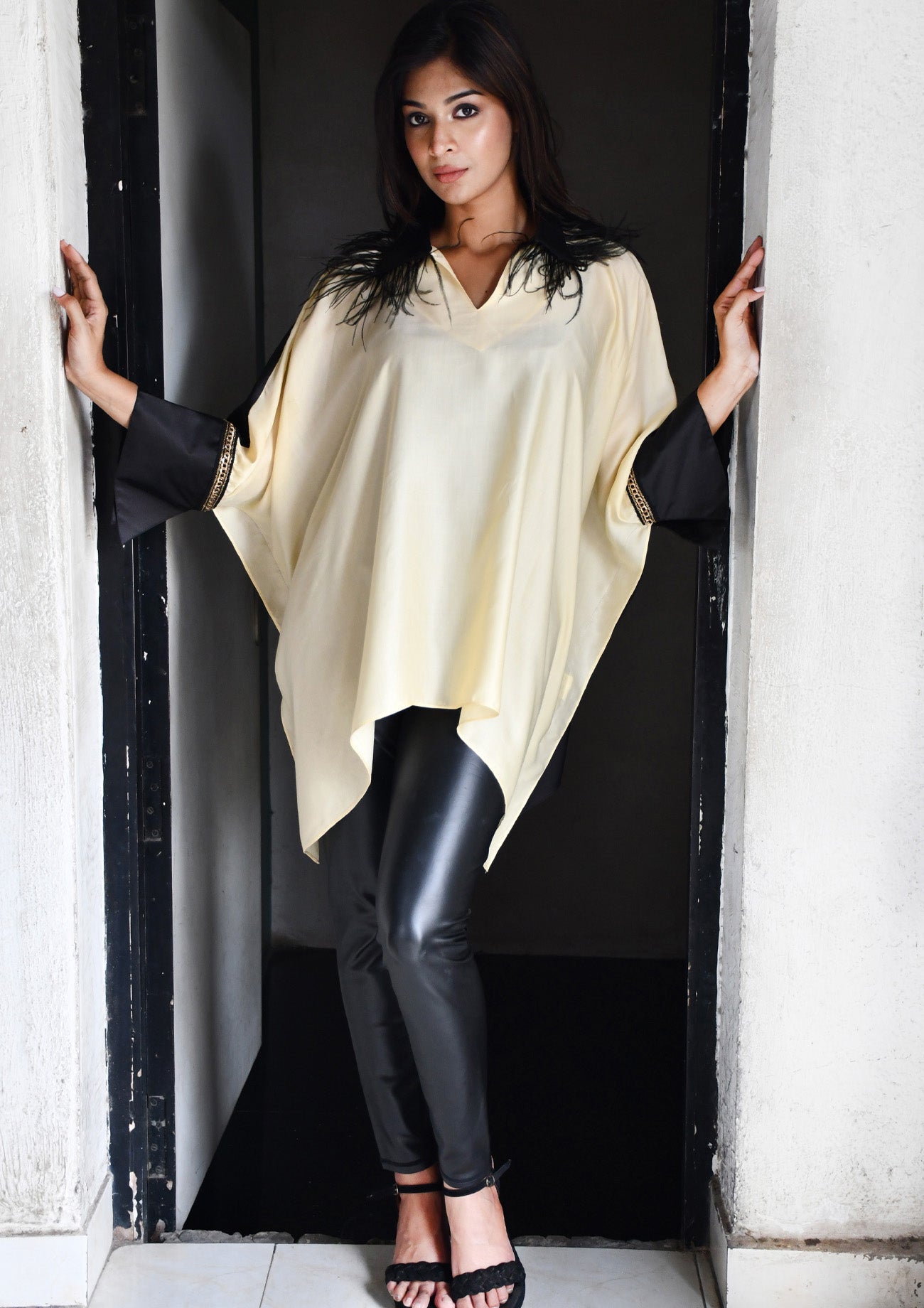 Cream and Black Poncho with Feathers