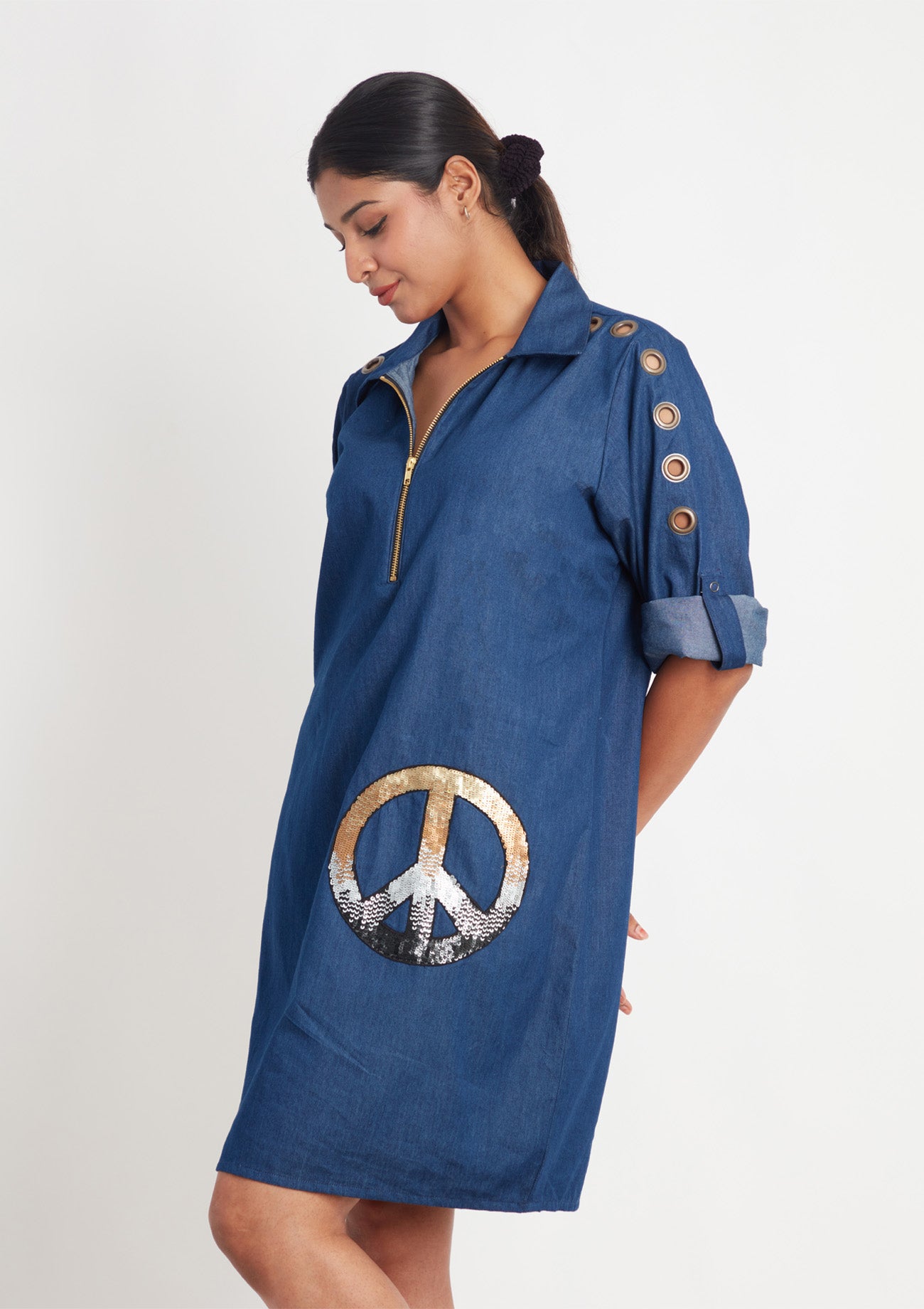 Denim One Piece Dress with Embroidery and Eyelets