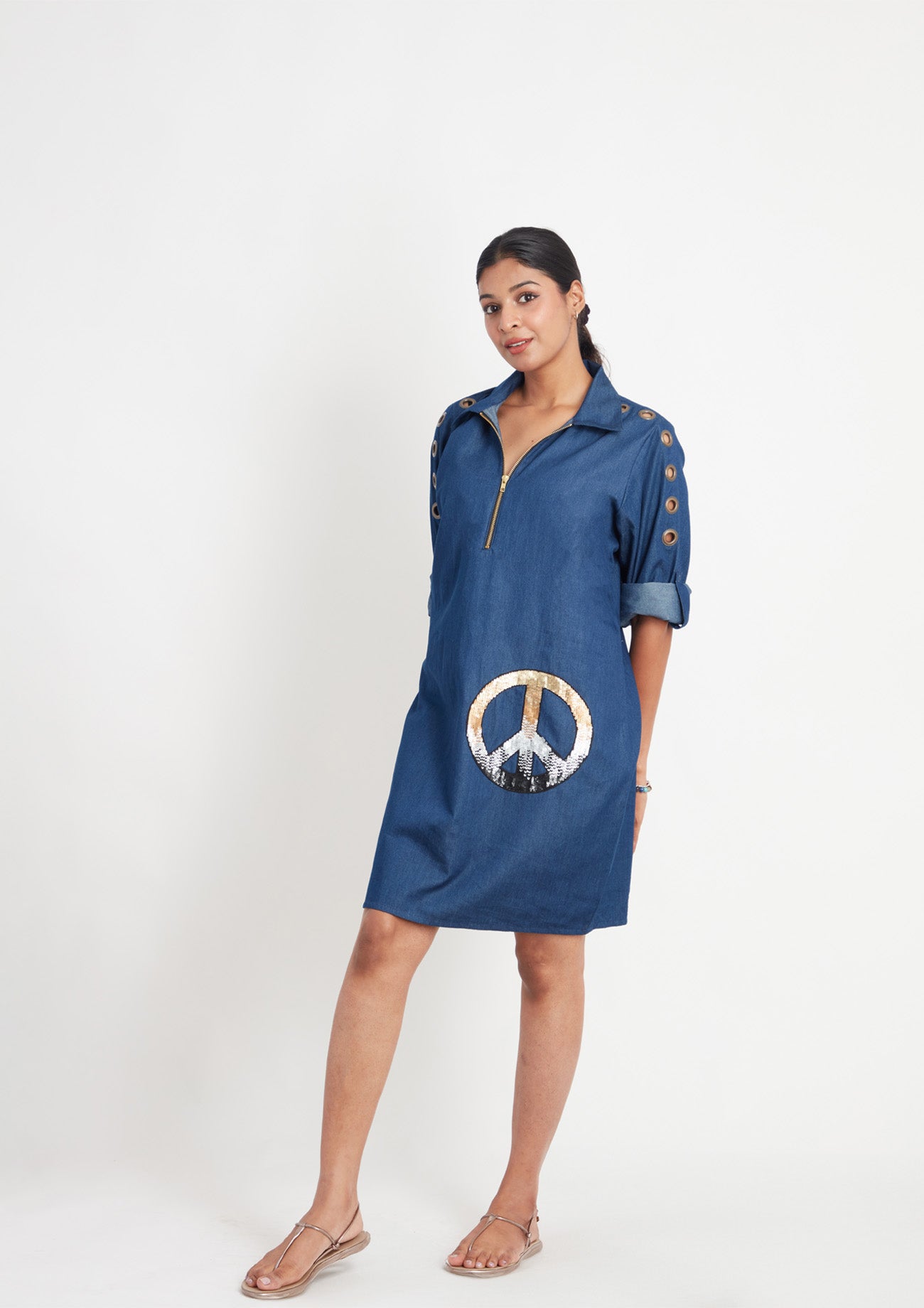 Denim One Piece Dress with Embroidery and Eyelets