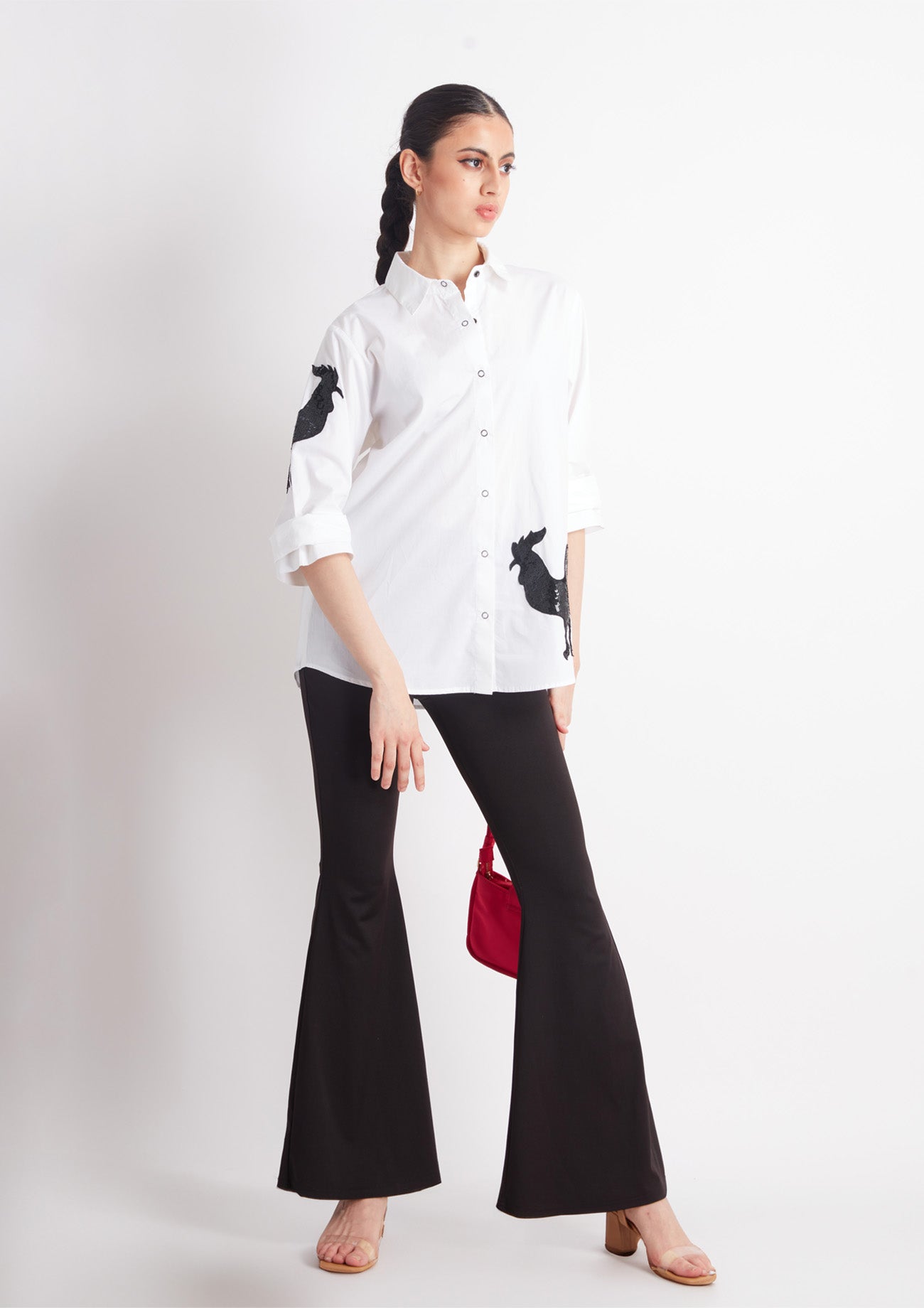 White Comfort Fit Cotton Shirt with Embroidery