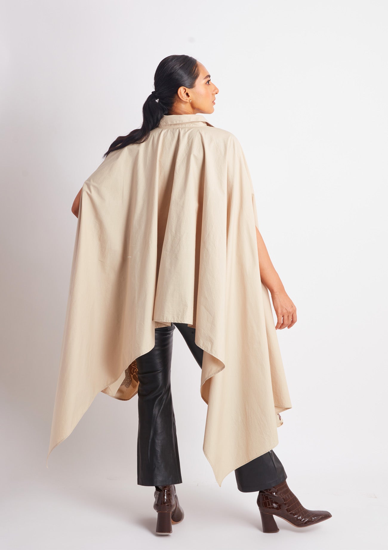 Beige Drawstring Cape with Applique Motifs