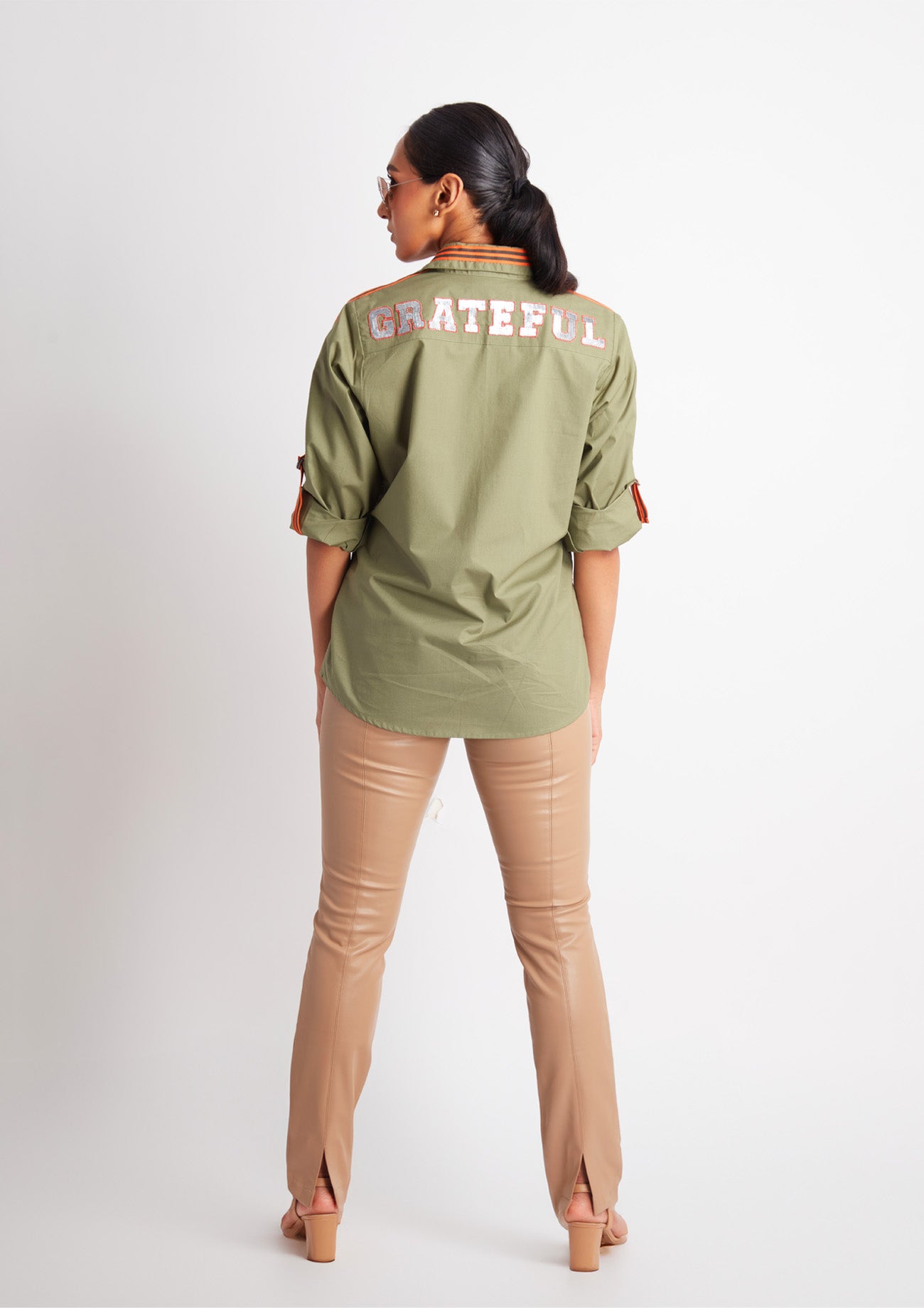 Olive Comfort Fit Cotton Shirt with Embroidery