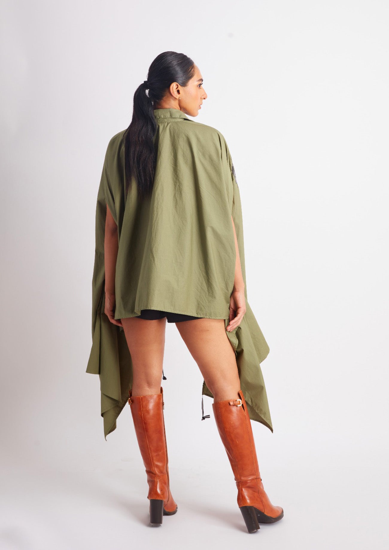 Olive Drawstring Cape with Applique Motifs