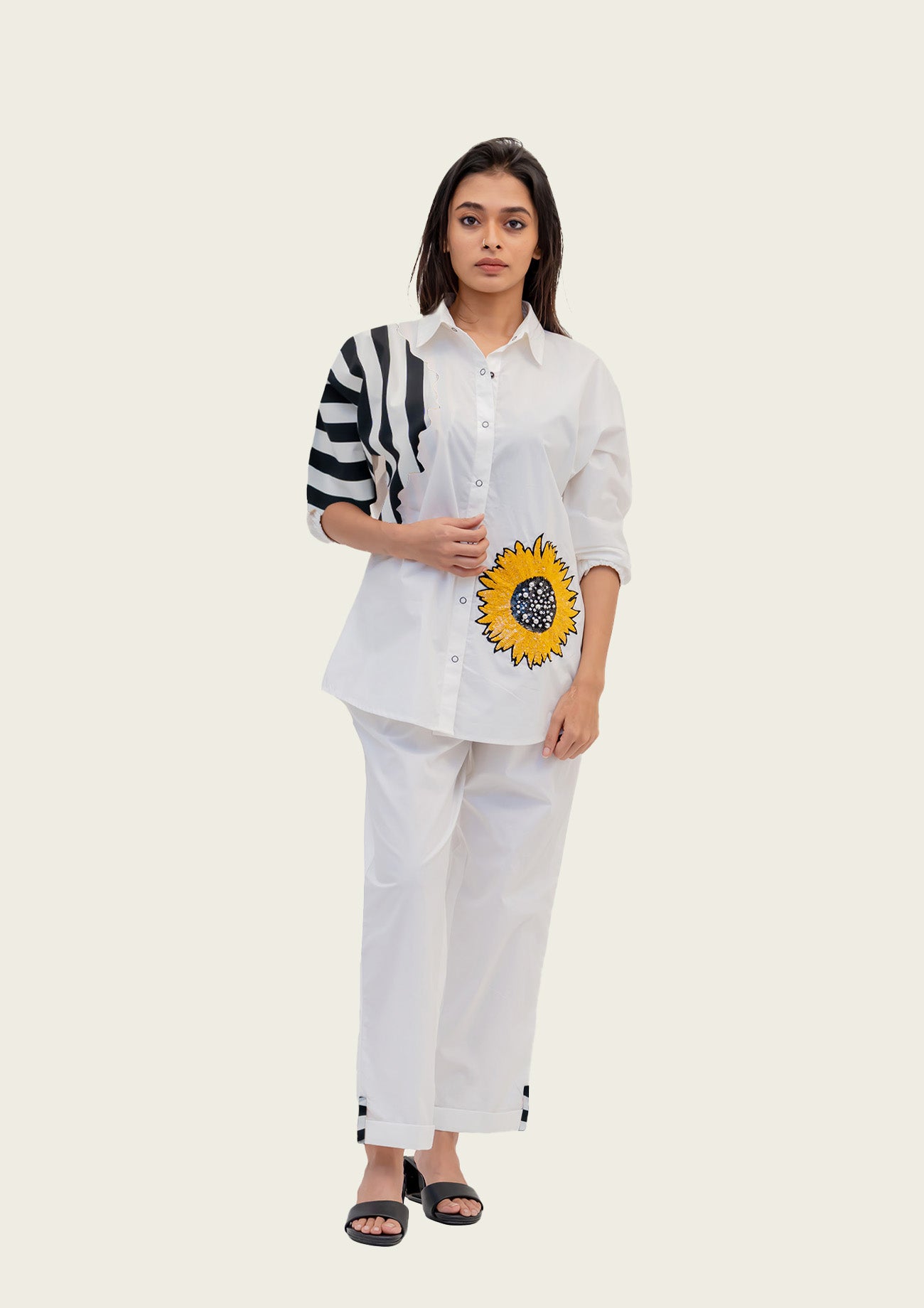 White Cotton Shirt and Pants Co-ord Set with Embroidery