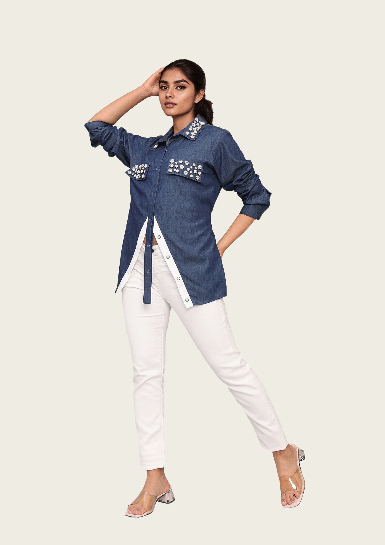 Denim Stylised Cotton Shirt with Embroidery