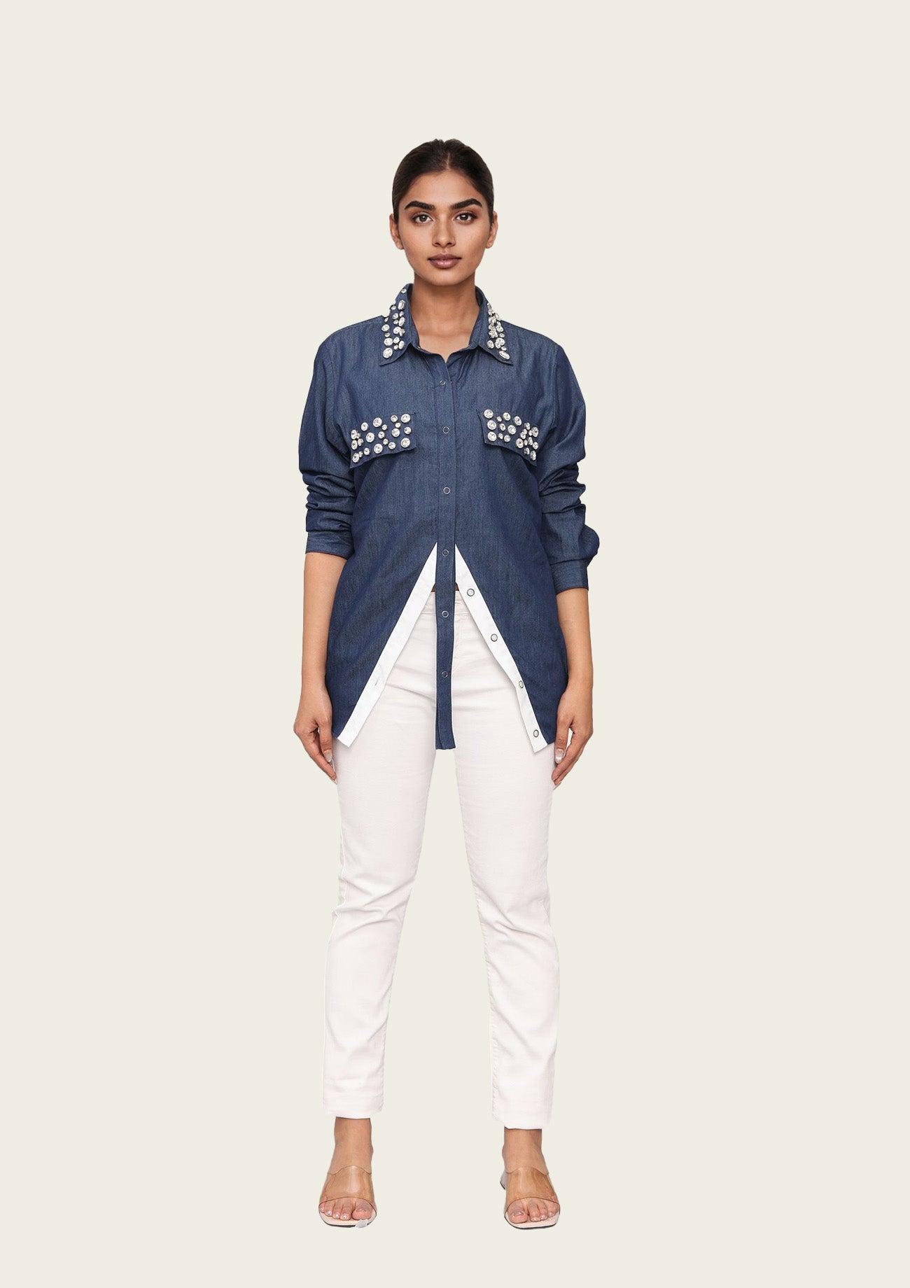 Denim Stylised Cotton Shirt with Embroidery