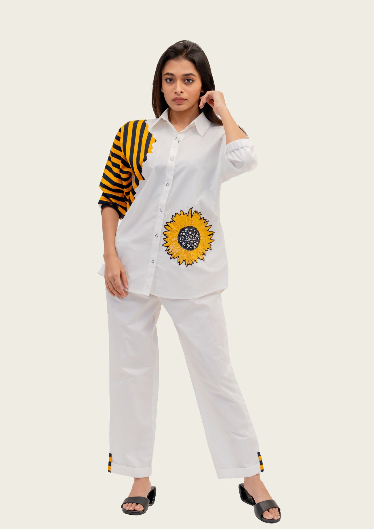 White Cotton Shirt and Pants Co-ord Set with Embroidery
