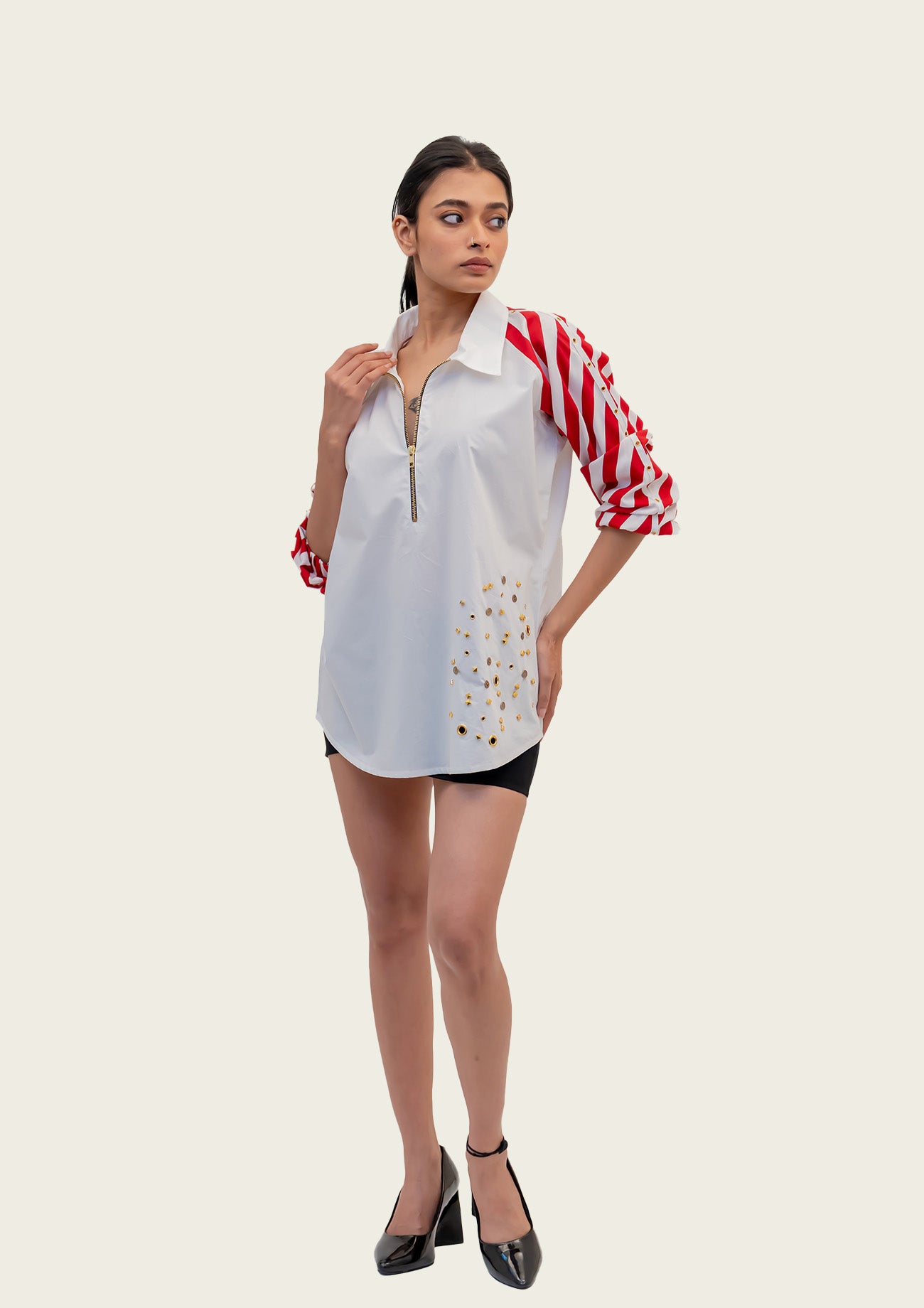 White Cotton Shirt with Contrast Sleeves and Embroidery