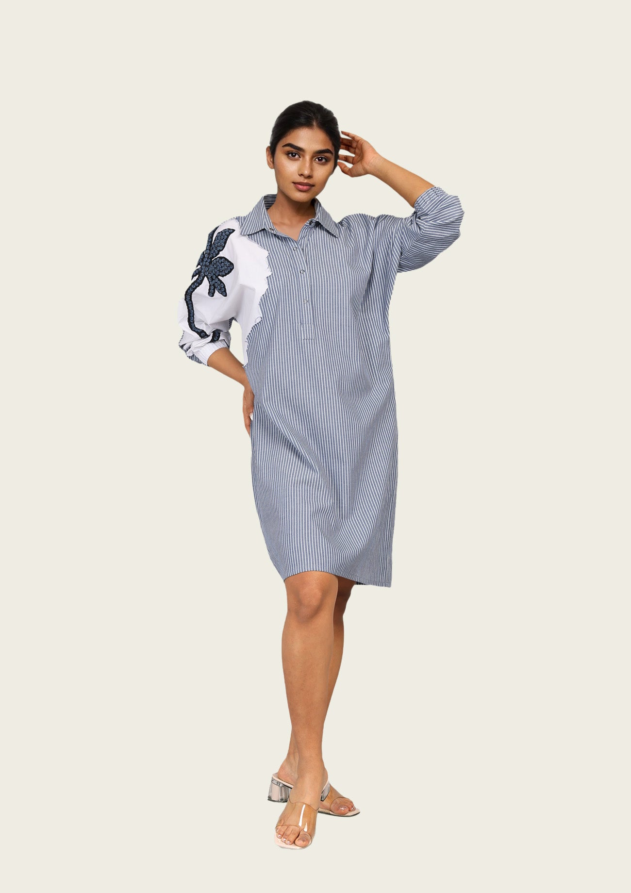 Blue Stripe and White Cotton Dress with Embroidery