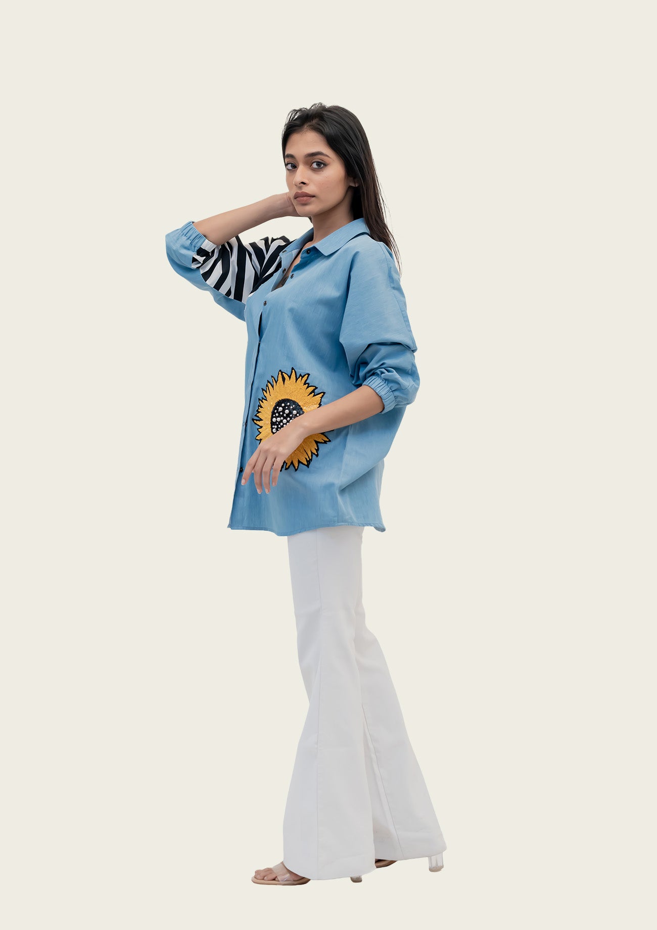 Blue Cotton Denim Shirt with Embroidery