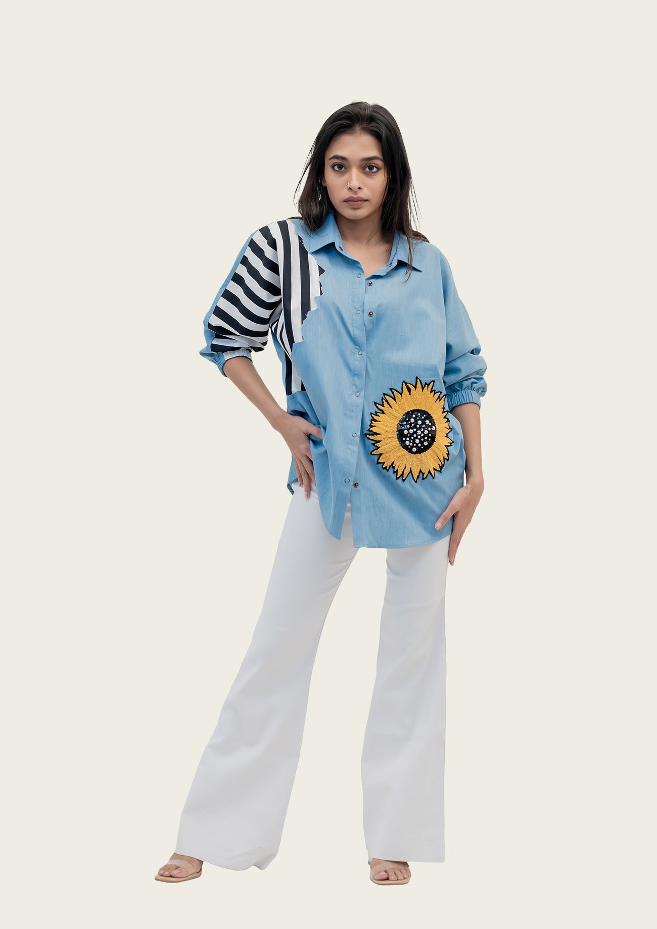 Blue Cotton Denim Shirt with Embroidery