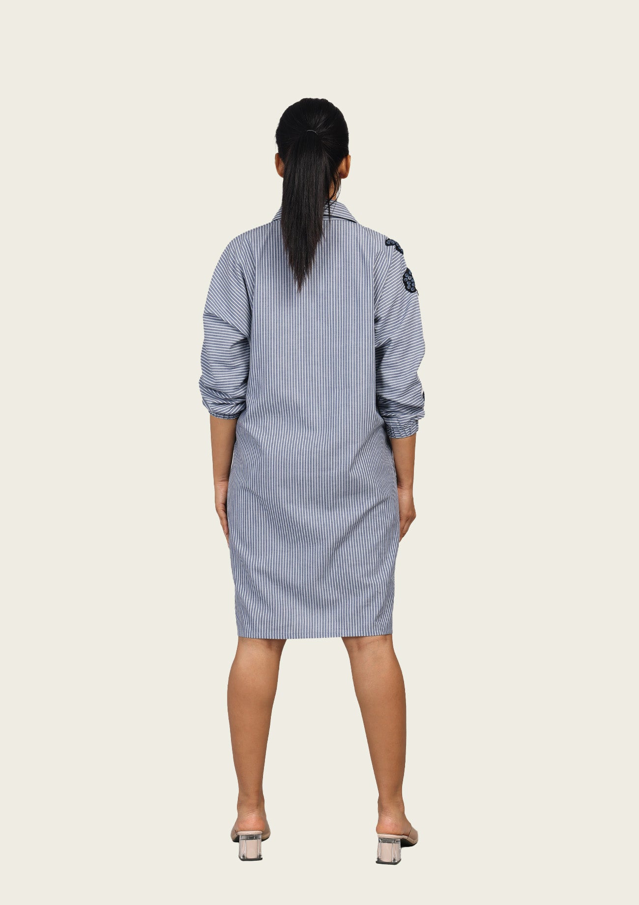 Blue Stripe and White Cotton Dress with Embroidery