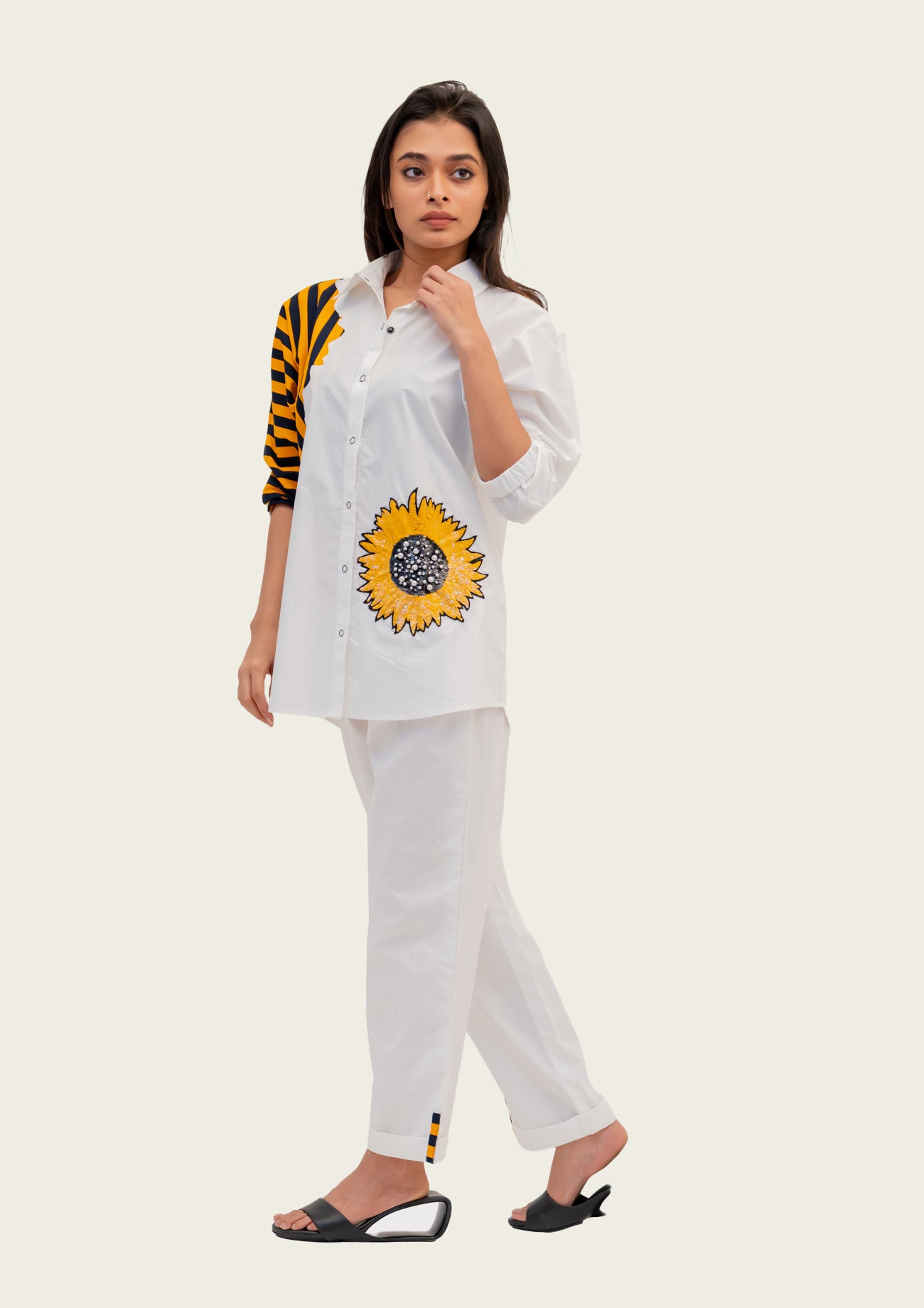 White Cotton Shirt and Pants Co-ord Set with Embroidery