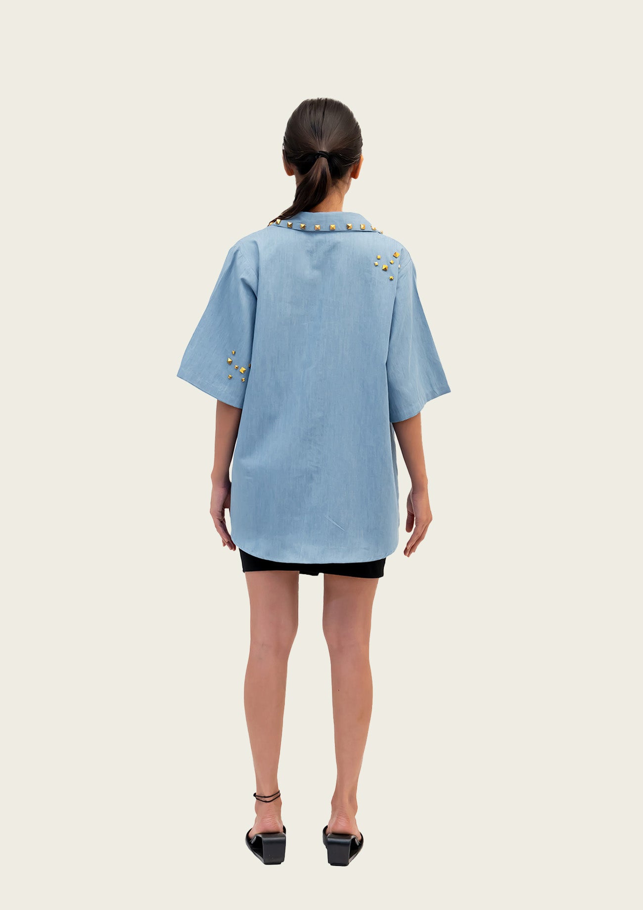 Blue Cotton Denim Shirt with Foil Print and Studs