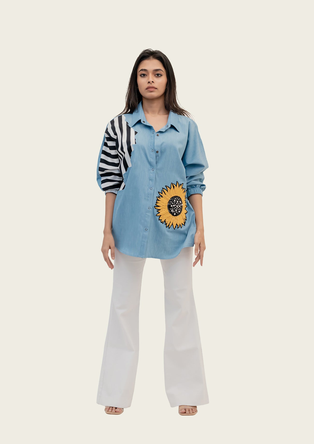 Blue Cotton Denim Shirt with Embroidery