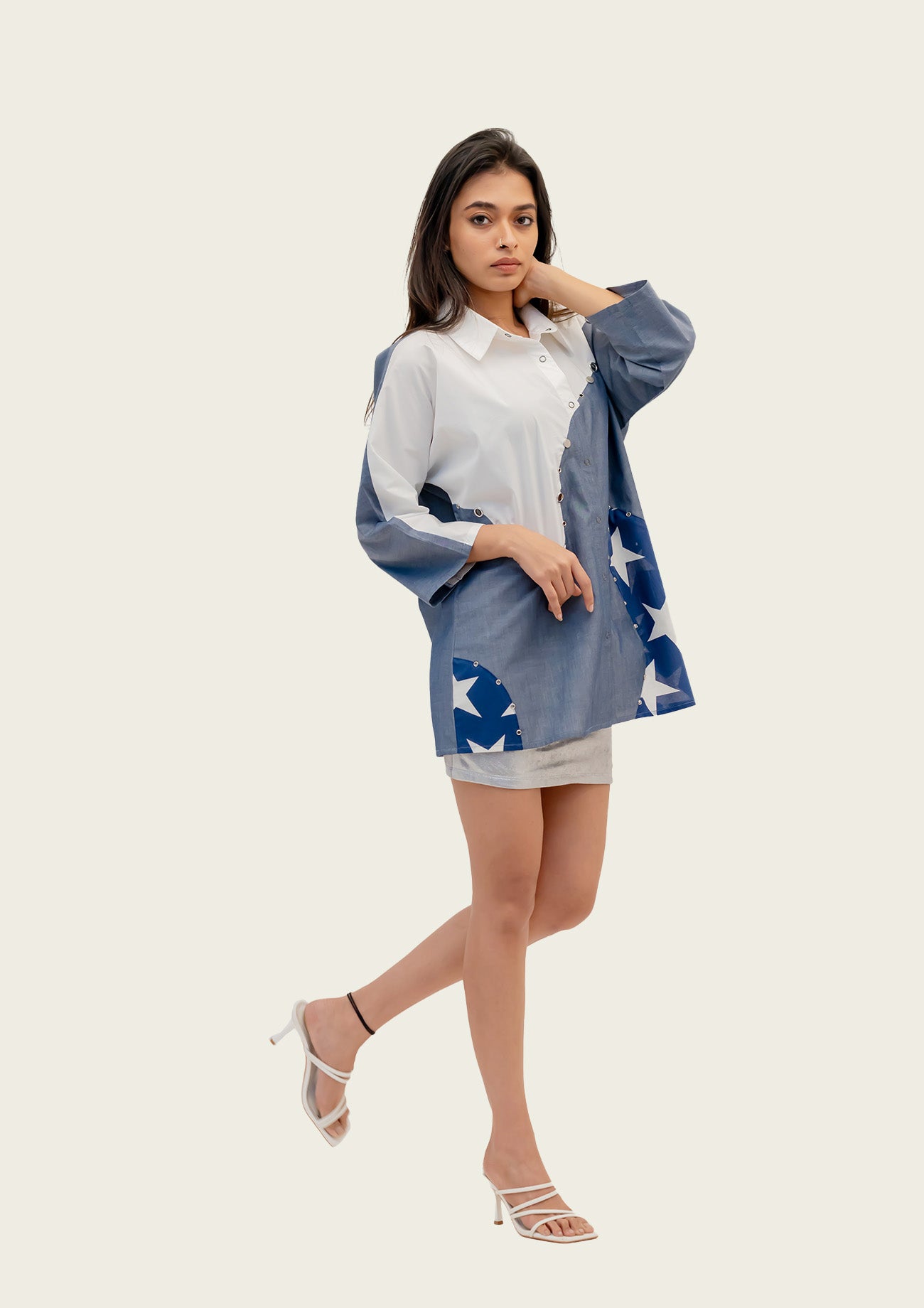 Cotton Combo Shirt with Stud Highlights