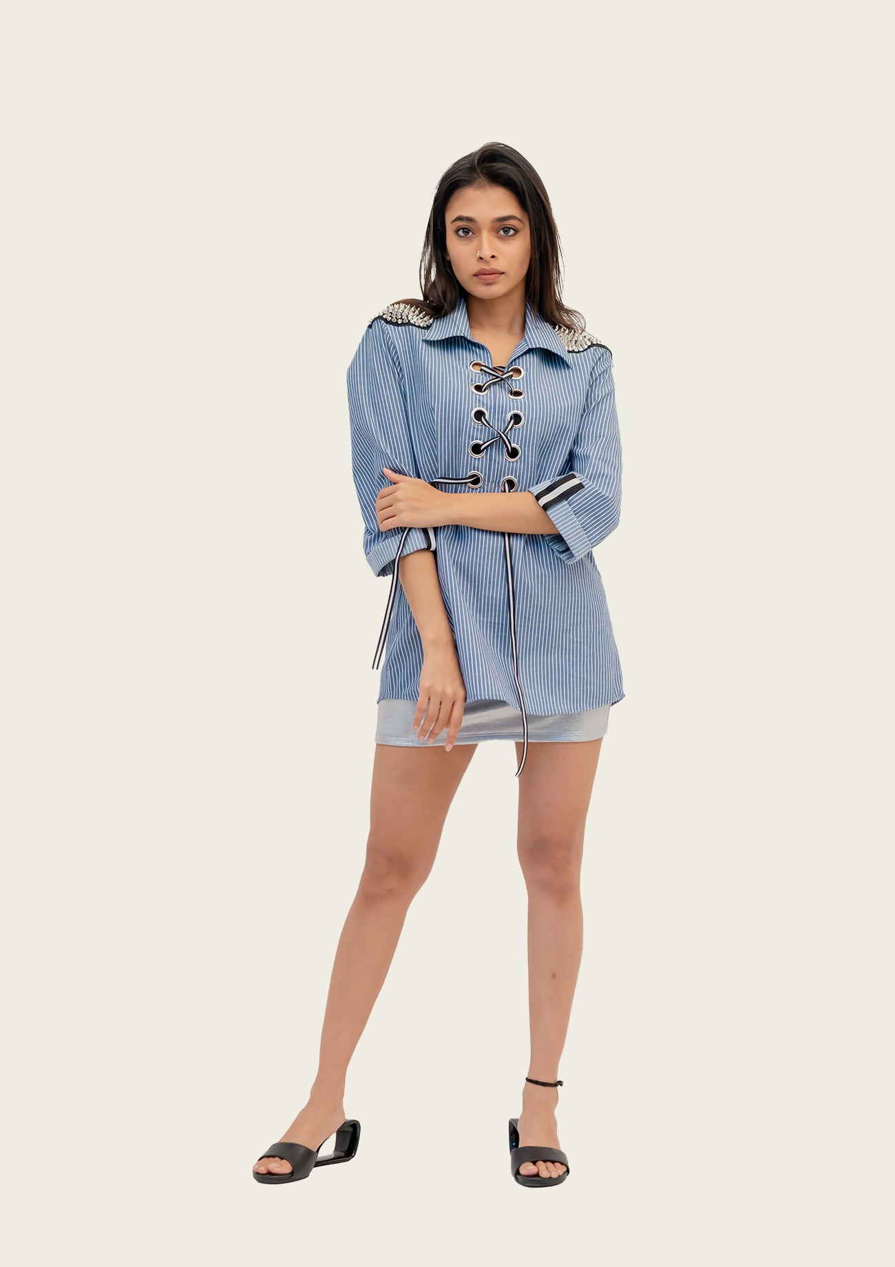 Blue and White Stripe Cotton Shirt with Embroidery