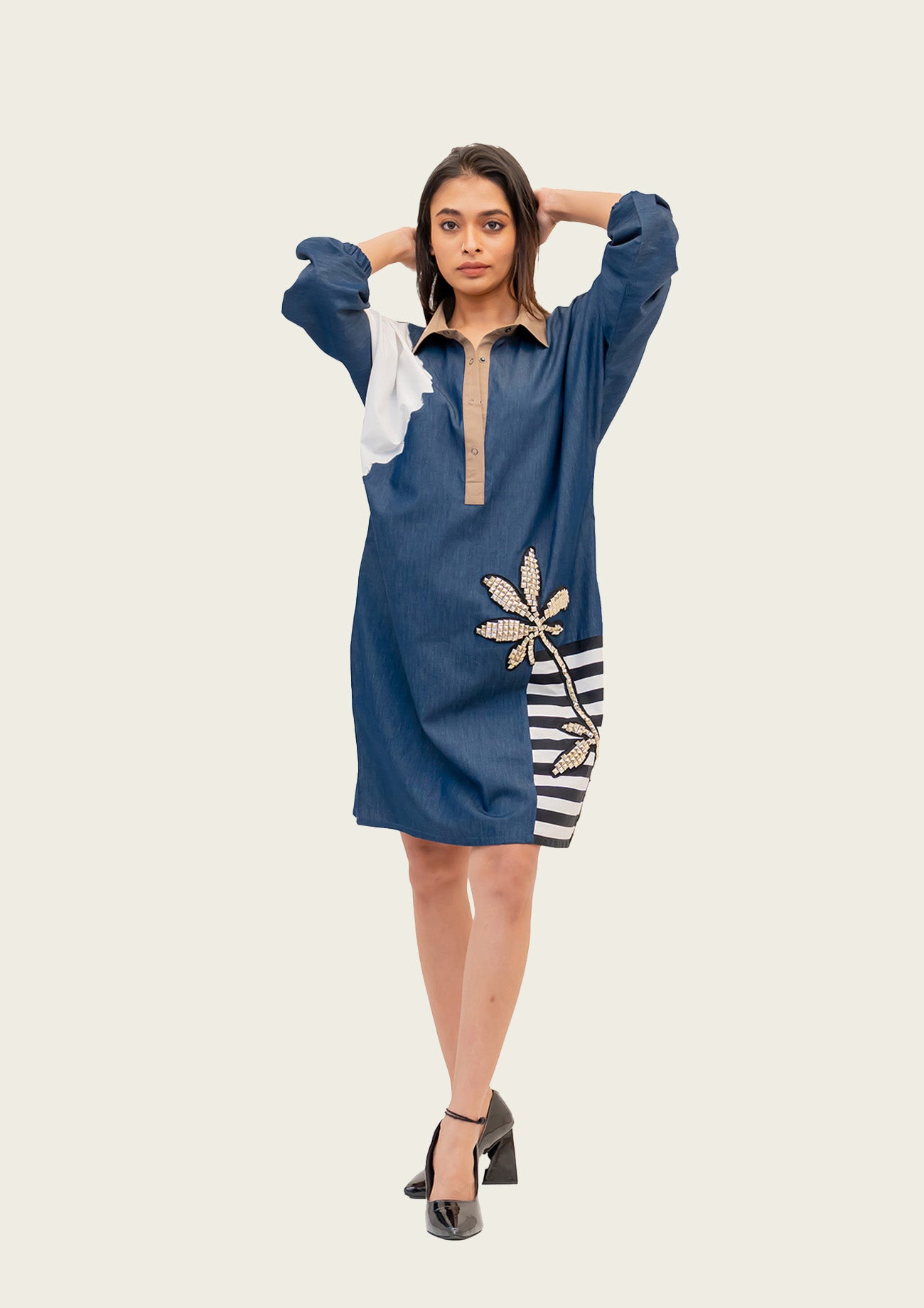 Blue Denim Combo Cotton Dress with Embroidery