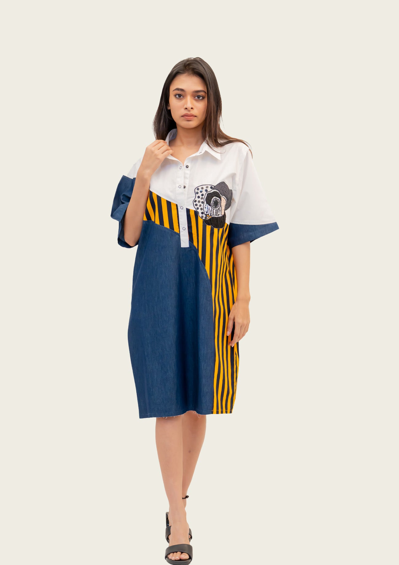 Blue Denim Combo Cotton Dress with Embroidery