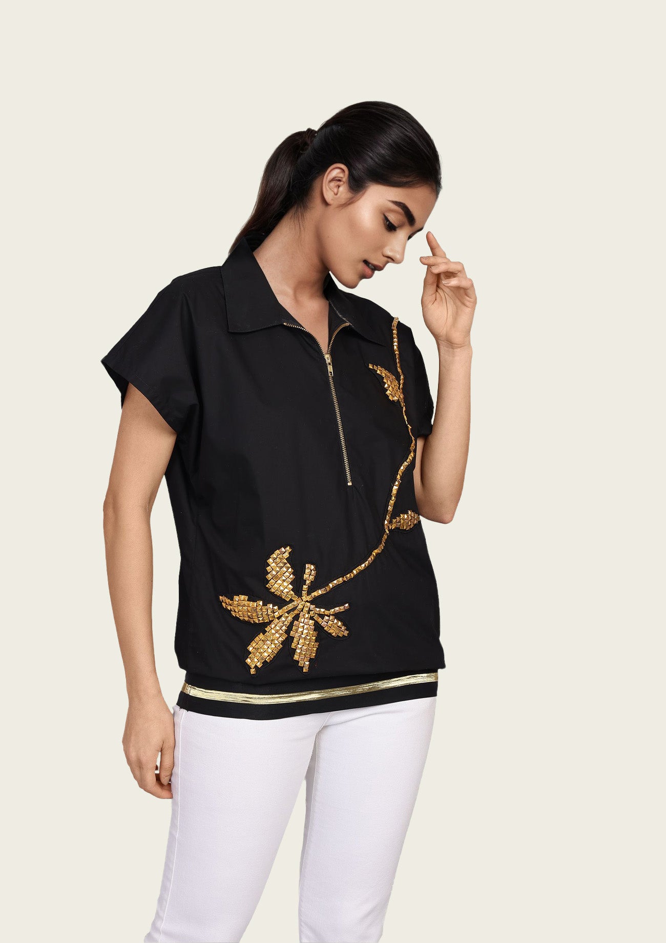 Black Cotton Bomber Shirt with Embroidery