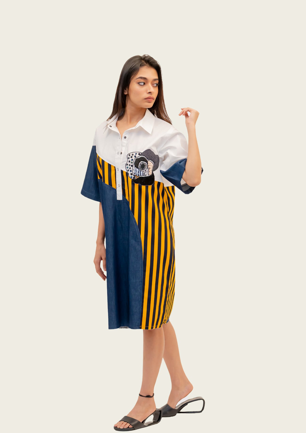 Blue Denim Combo Cotton Dress with Embroidery