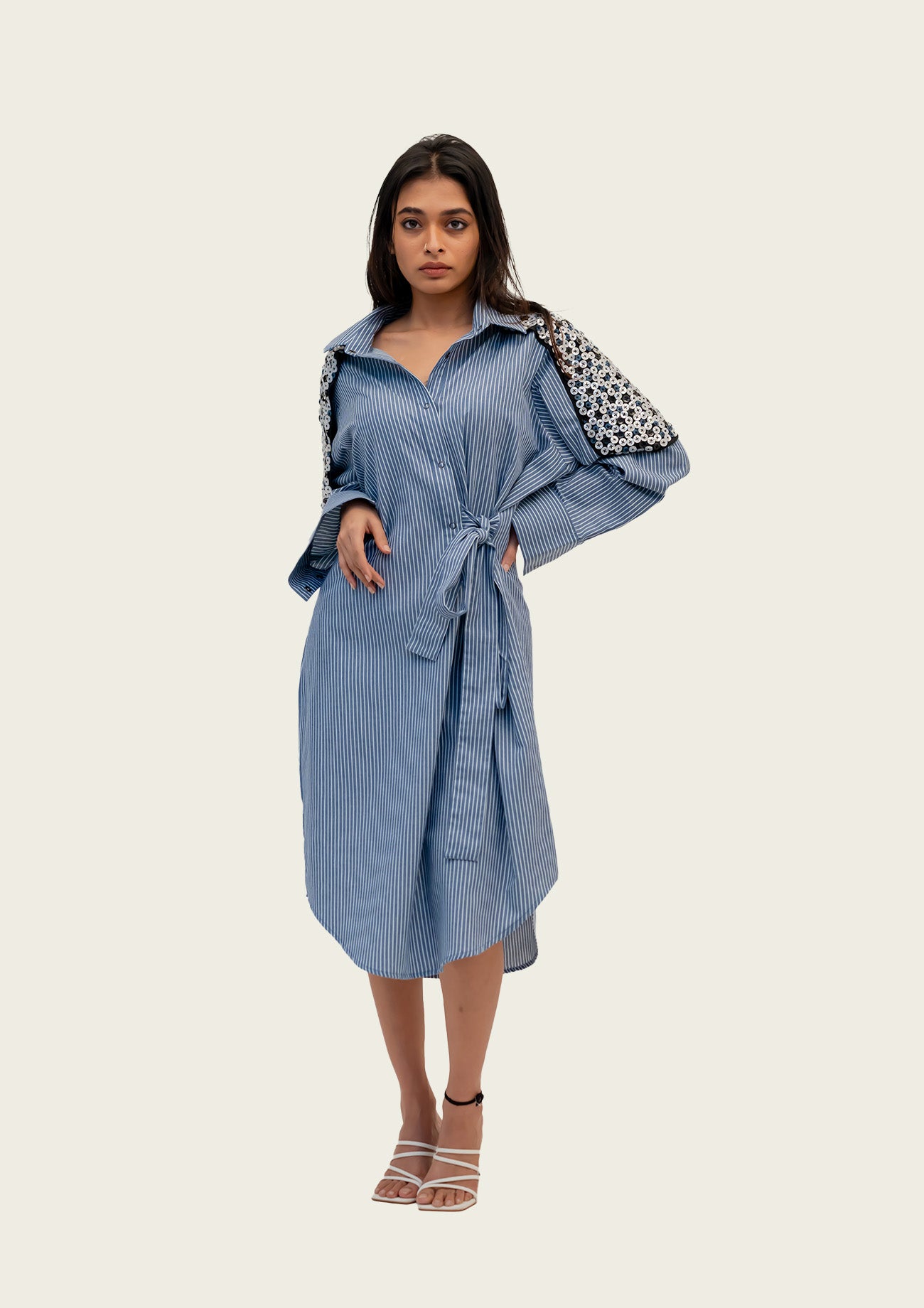 Blue and White Striped Cotton Dress with Embroidery