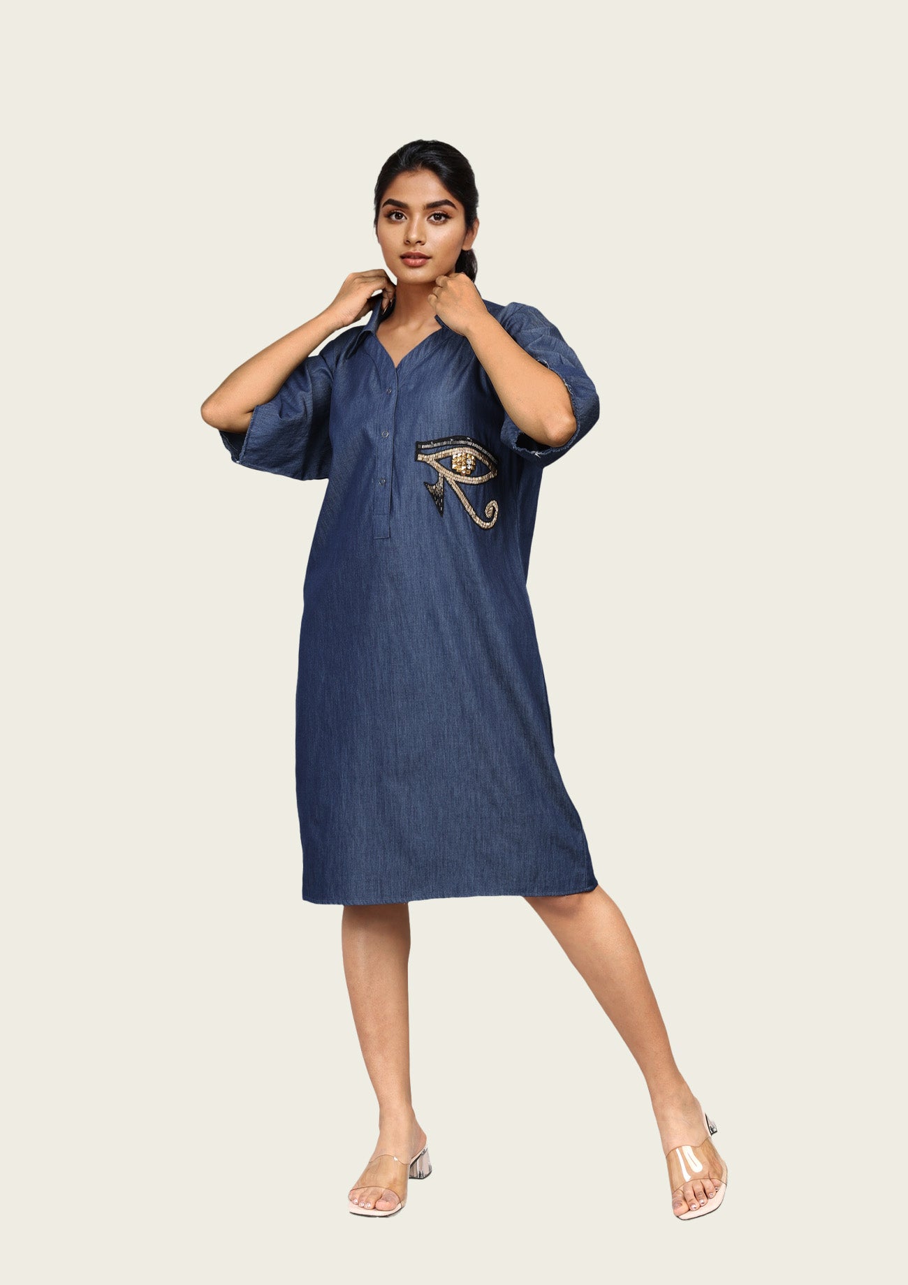 Denim Cotton One Piece Dress with Embroidery