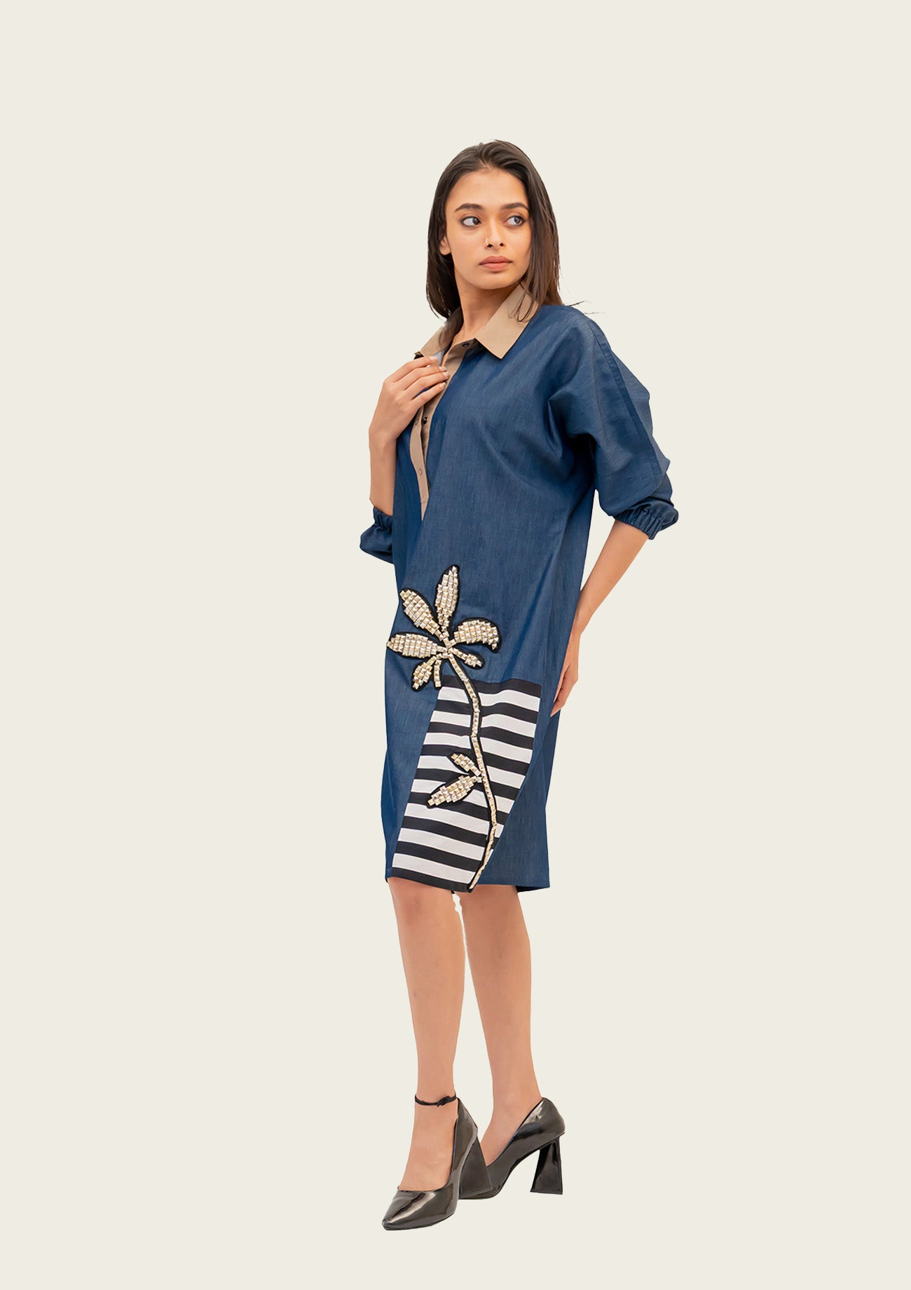Blue Denim Combo Cotton Dress with Embroidery