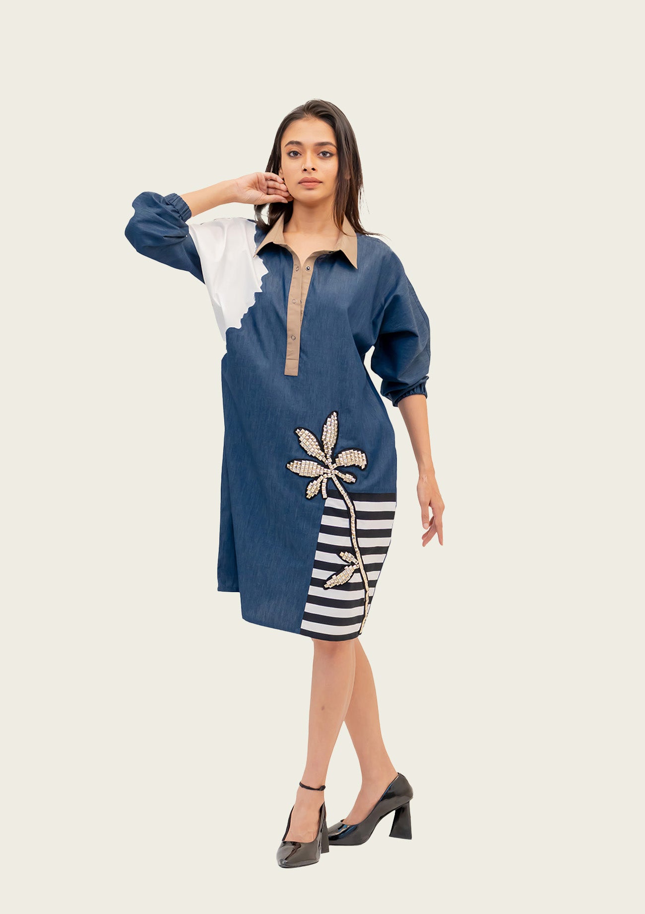 Blue Denim Combo Cotton Dress with Embroidery