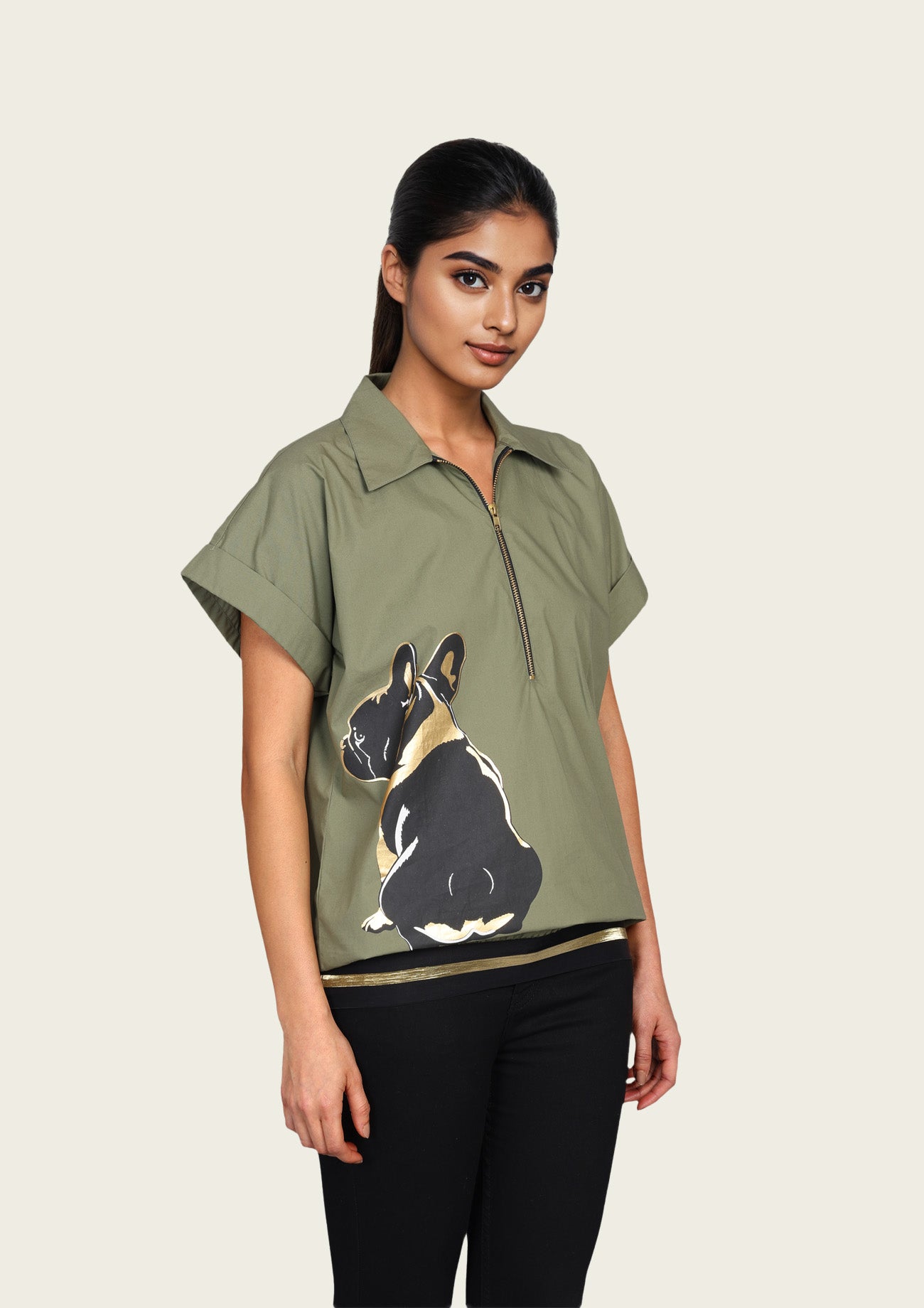 Olive Bomber Shirt with Print