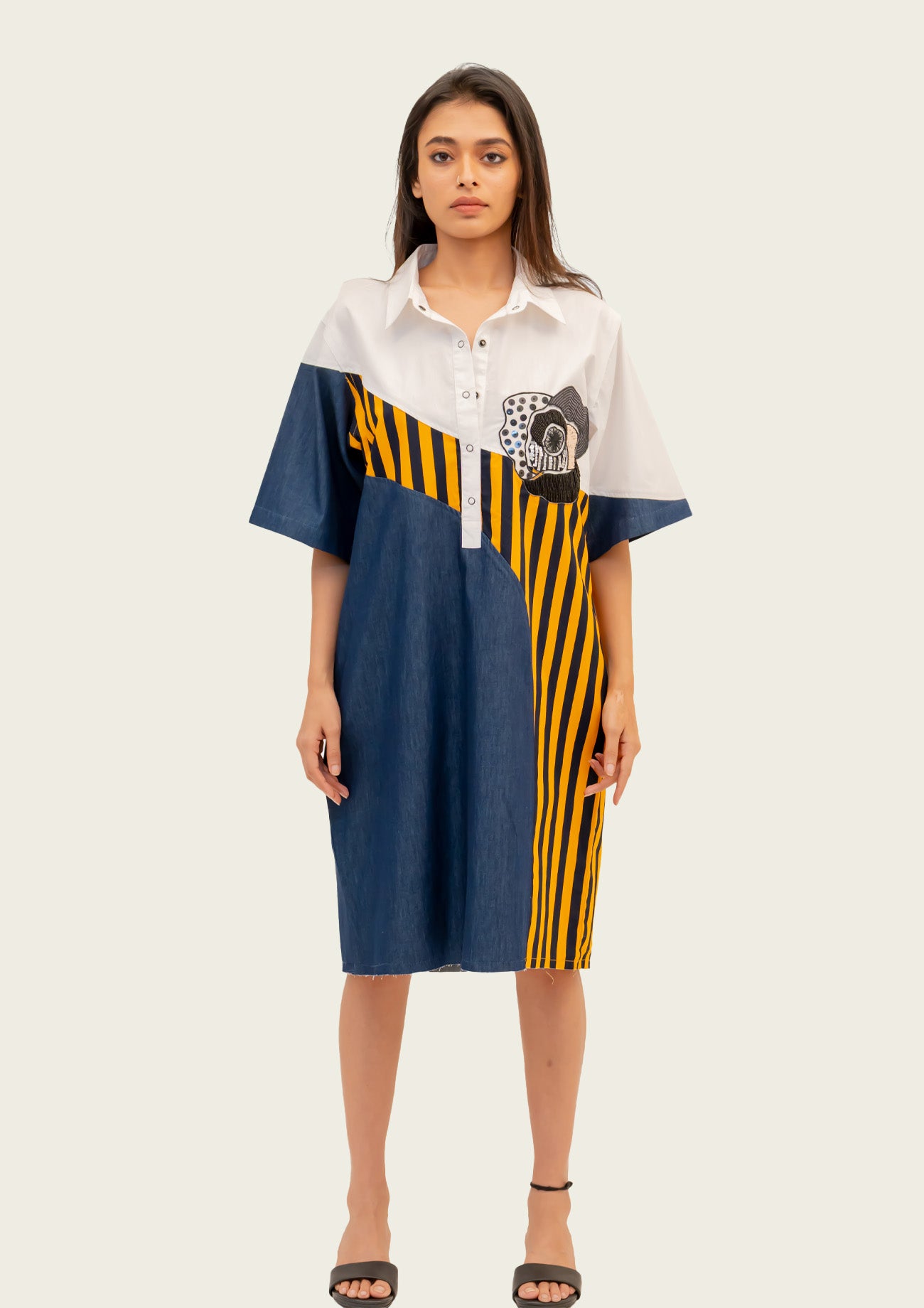 Blue Denim Combo Cotton Dress with Embroidery
