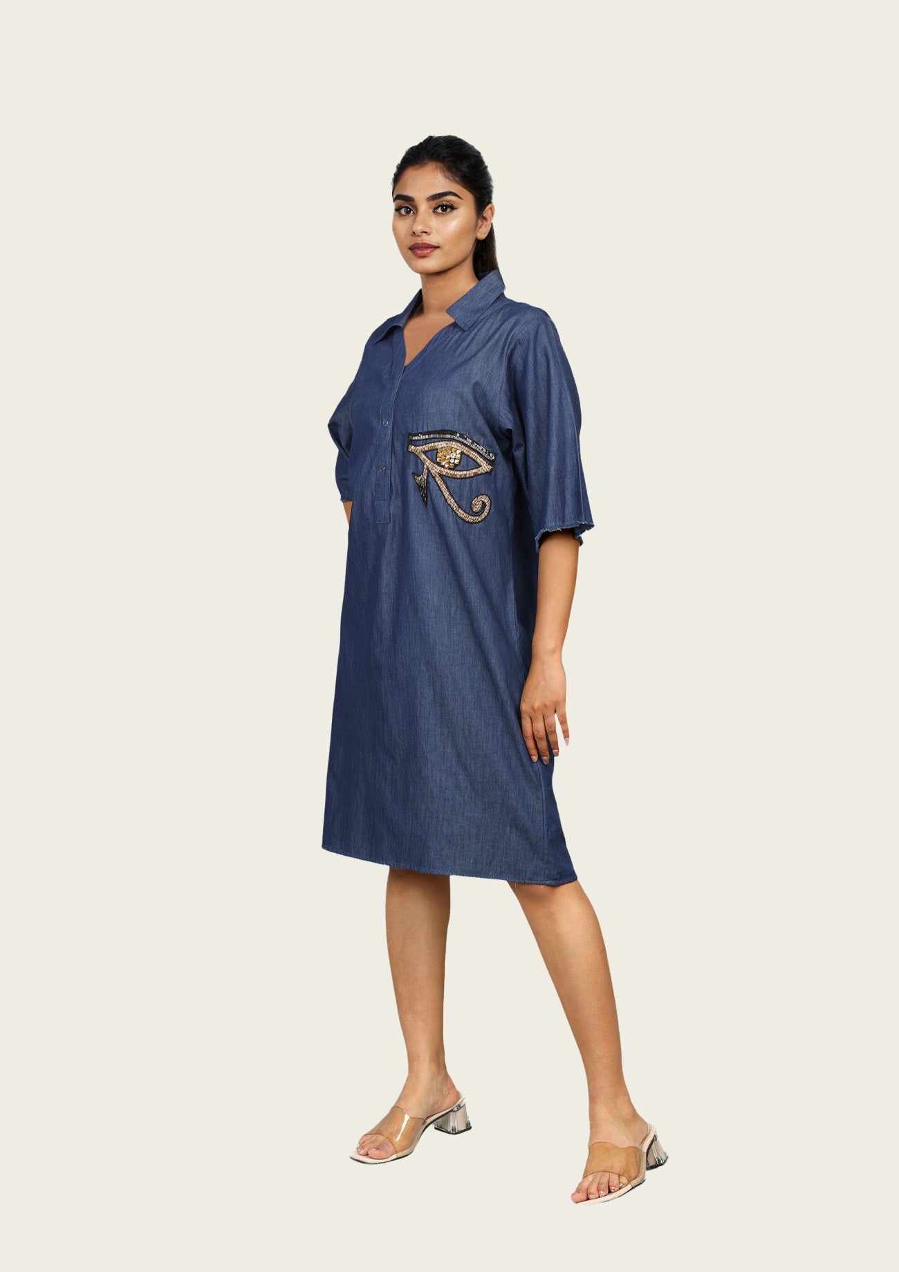 Denim Cotton One Piece Dress with Embroidery
