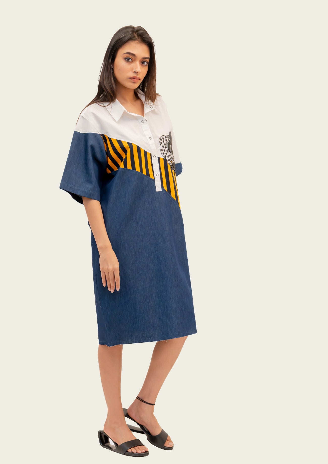Blue Denim Combo Cotton Dress with Embroidery