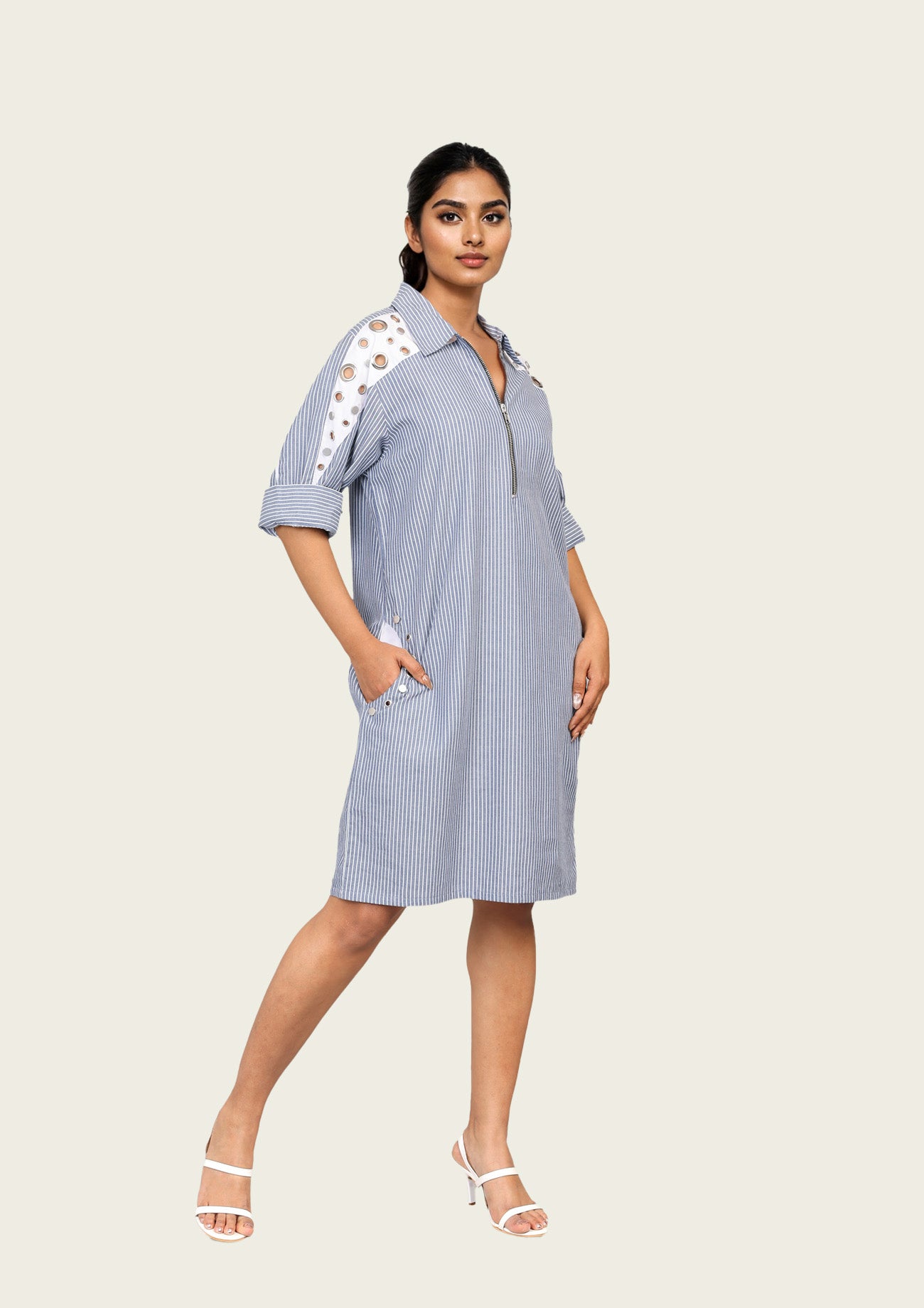 Blue and White Stripe One Piece Cotton Dress with Eyelets and Snap Buttons