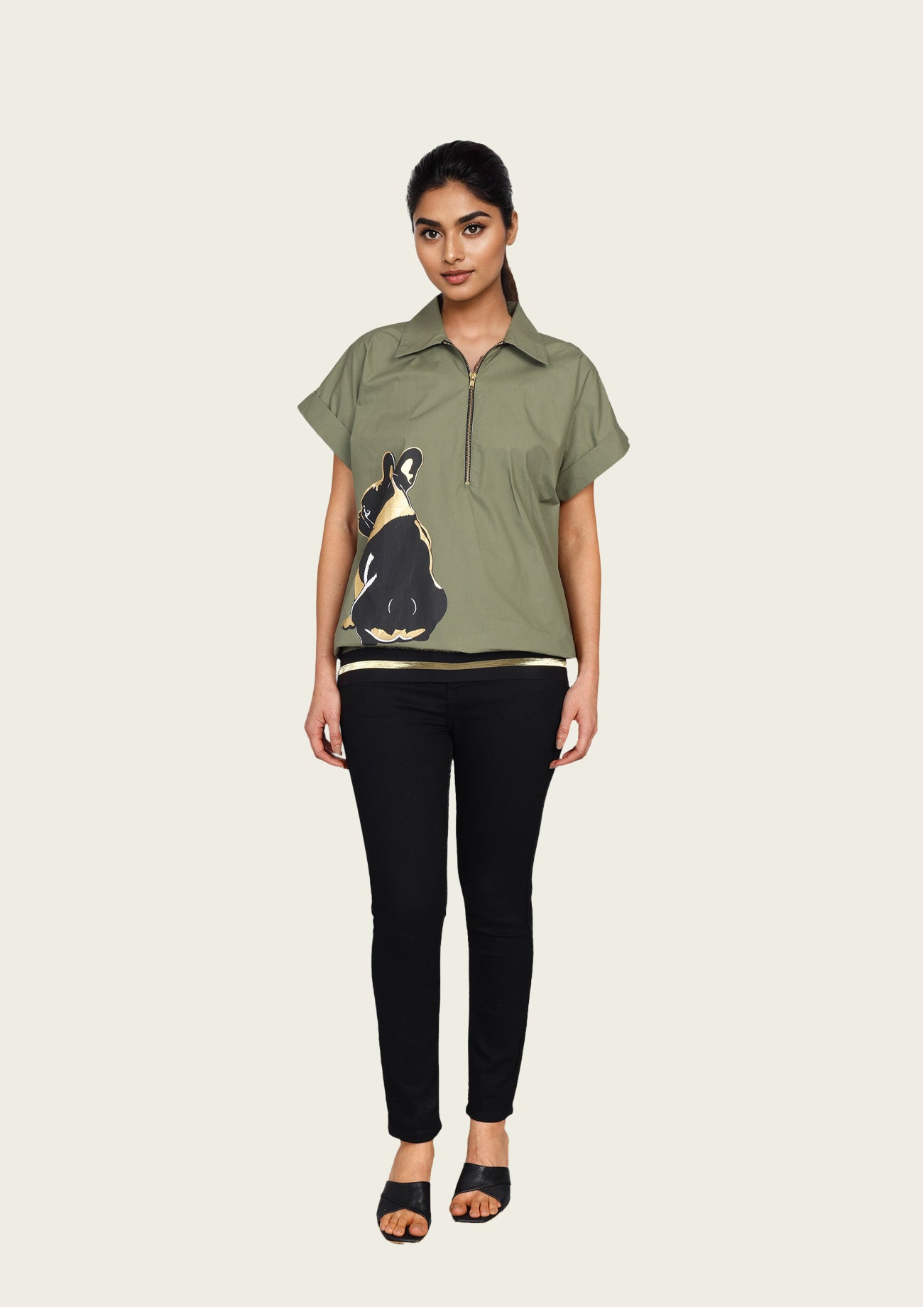 Olive Bomber Shirt with Print