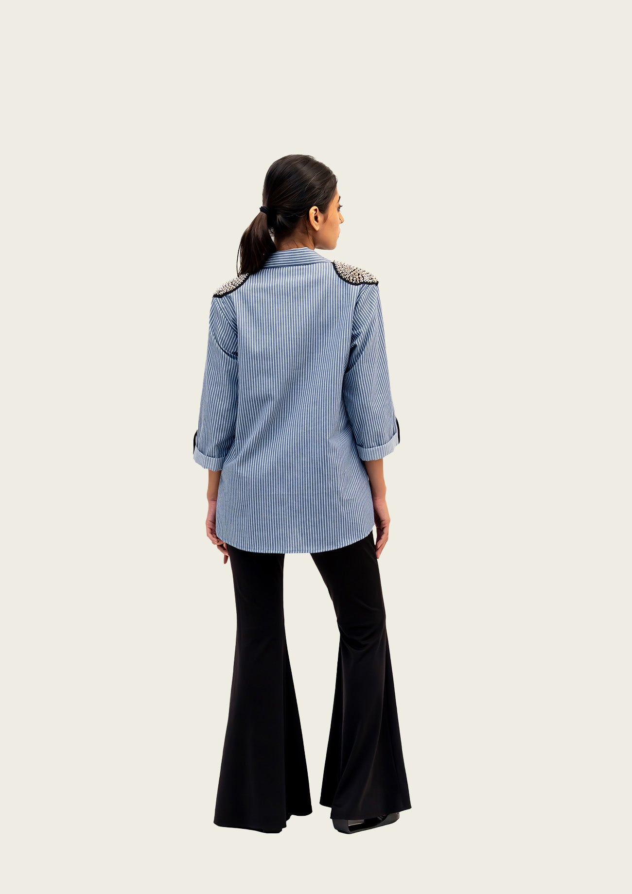 Blue and White Stripe Cotton Shirt with Embroidery