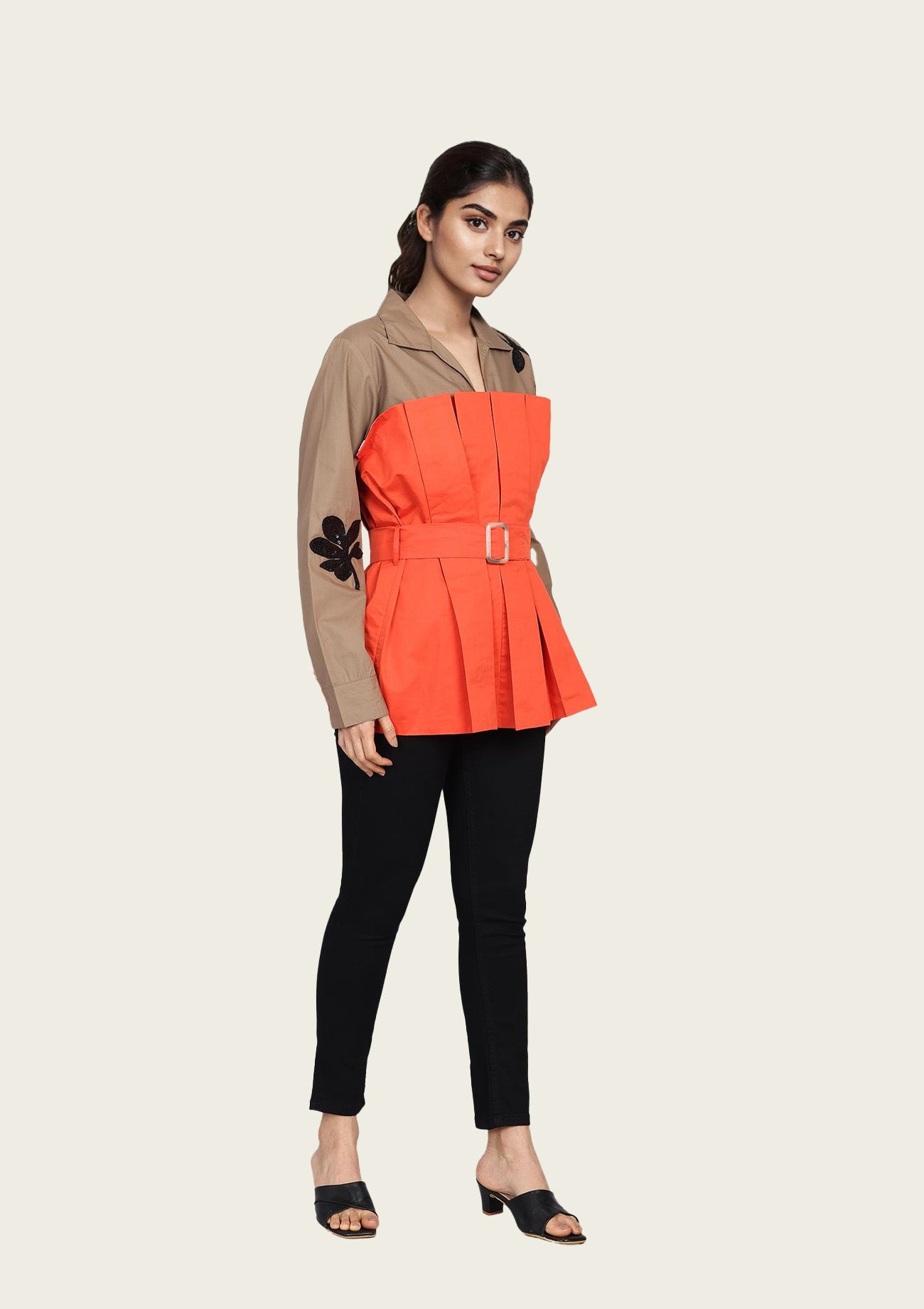 Brown and Orange Cotton Corset Shirt with Embroidery